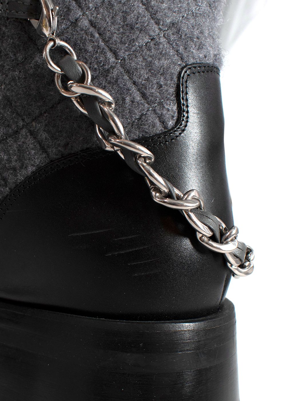 Preowned Chanel Grey Quilted Wool Biker Boots with Chain Detail Size 41 grey black leather