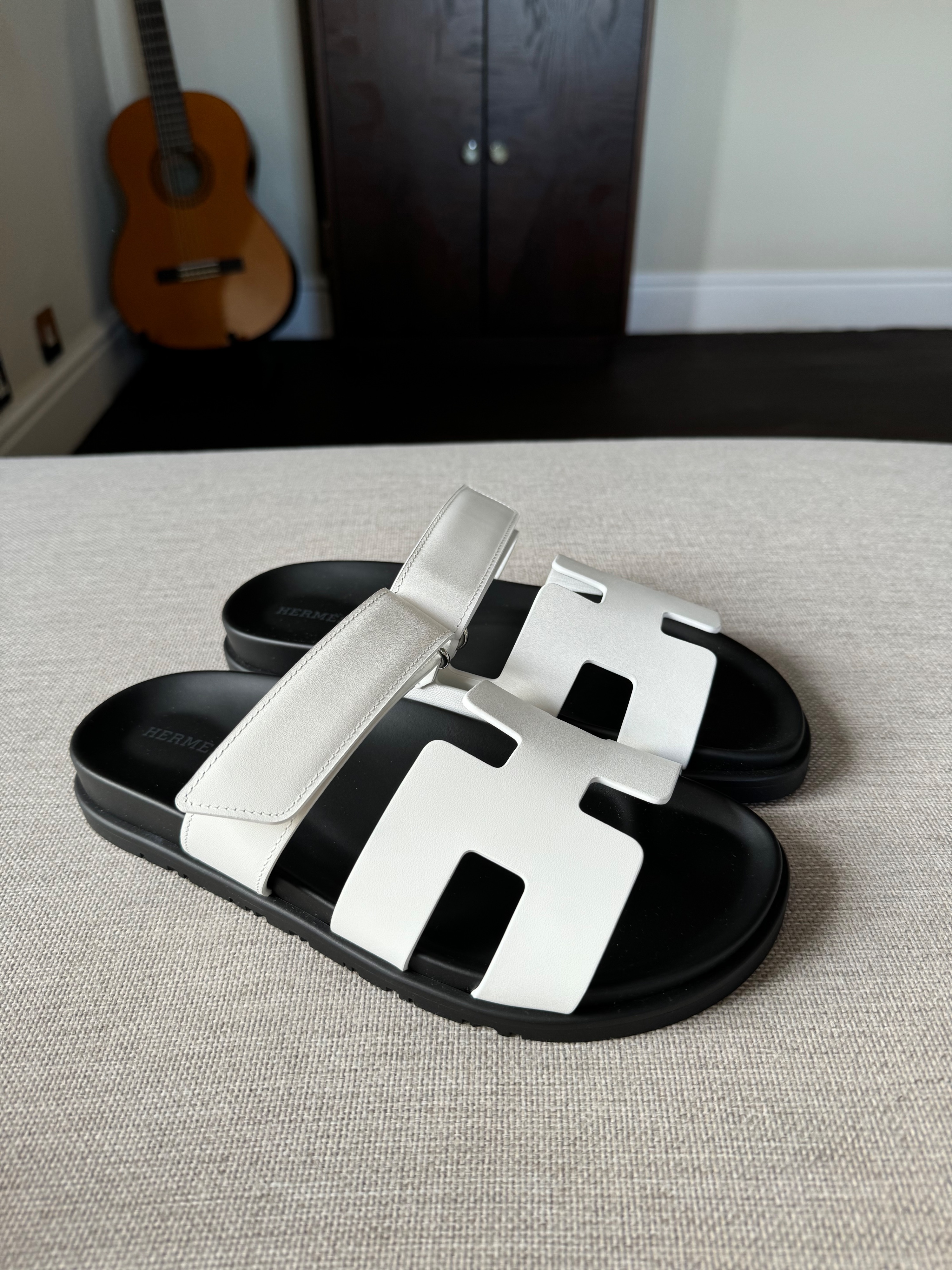 Hermes White and Black Chypre Sandals Size 38.5 leather