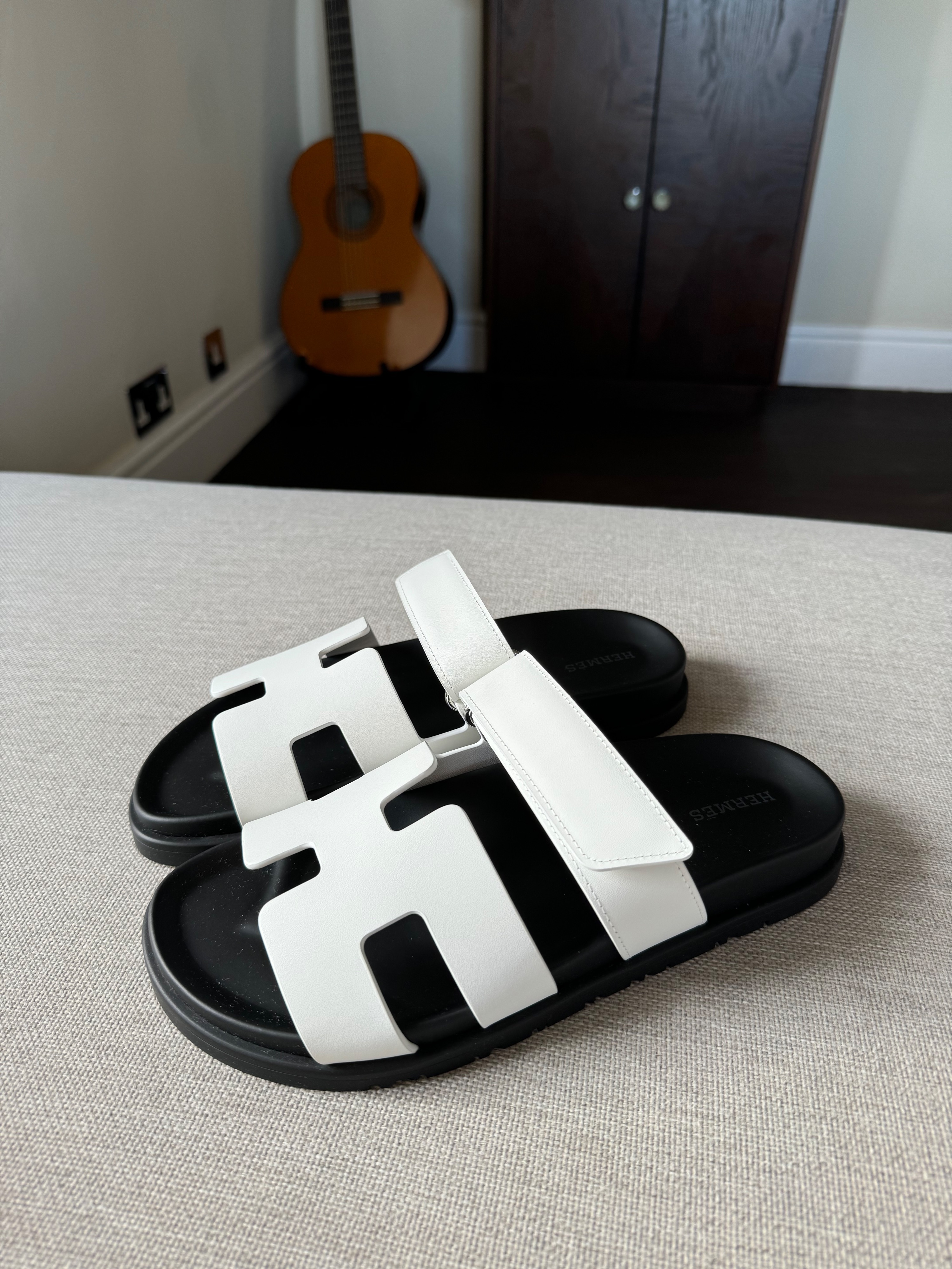 Hermes White and Black Chypre Sandals Size 38.5 leather