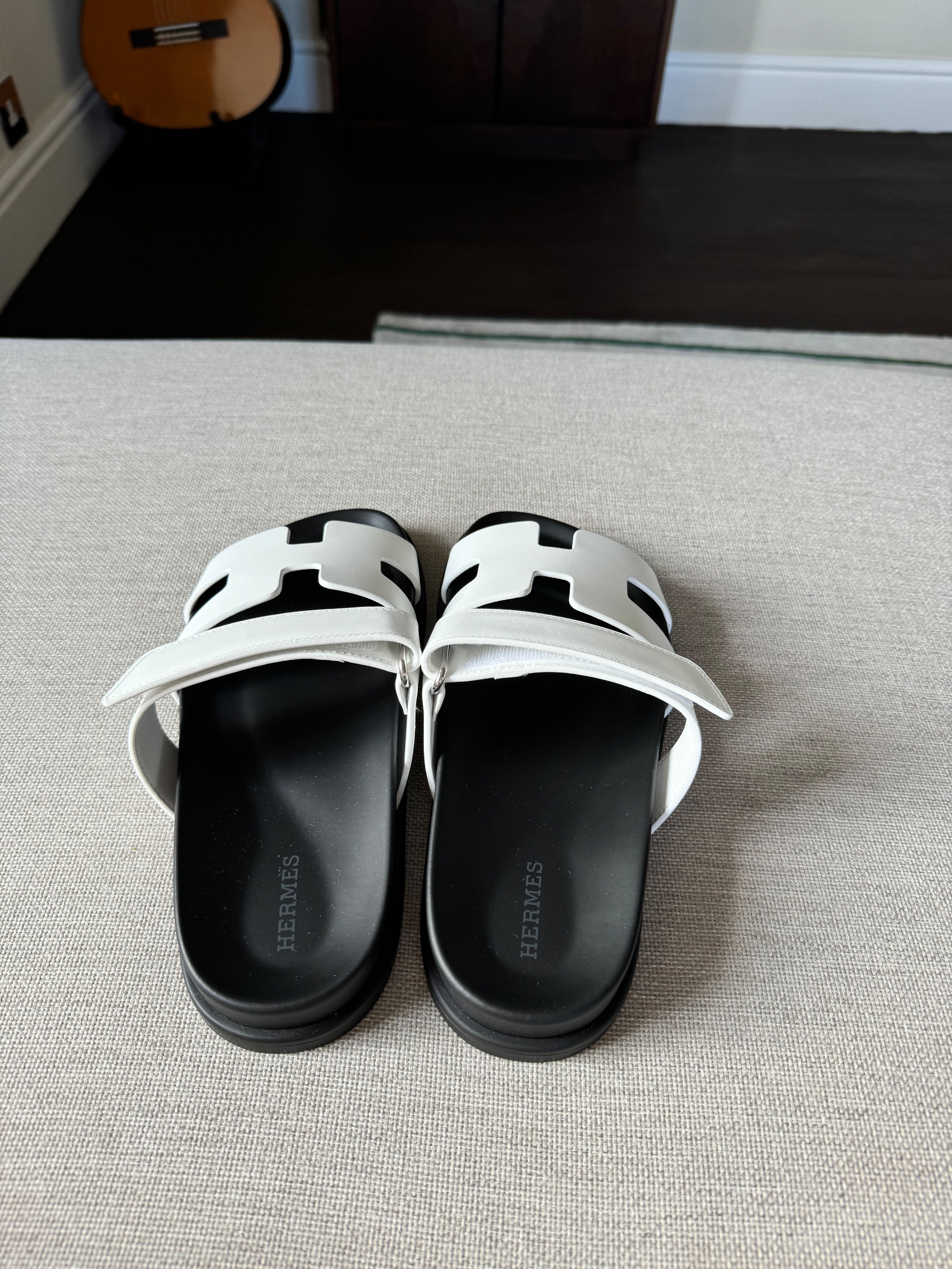 Hermes White and Black Chypre Sandals Size 38.5 leather