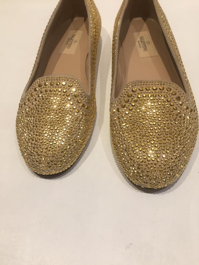 Preowned Valentino Garavani Gold Embellished Loafers Size 365 leather