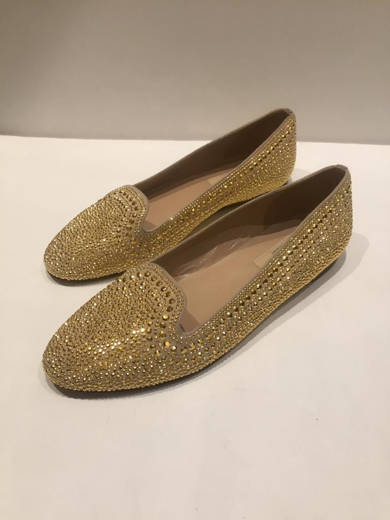 Preowned Valentino Garavani Gold Embellished Loafers Size 365 leather