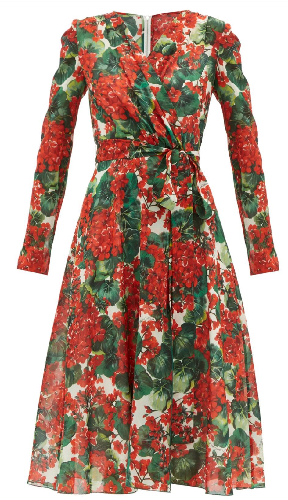 Dolce  Gabbana Geranium Print Belted Midi Dress Size M Red silk