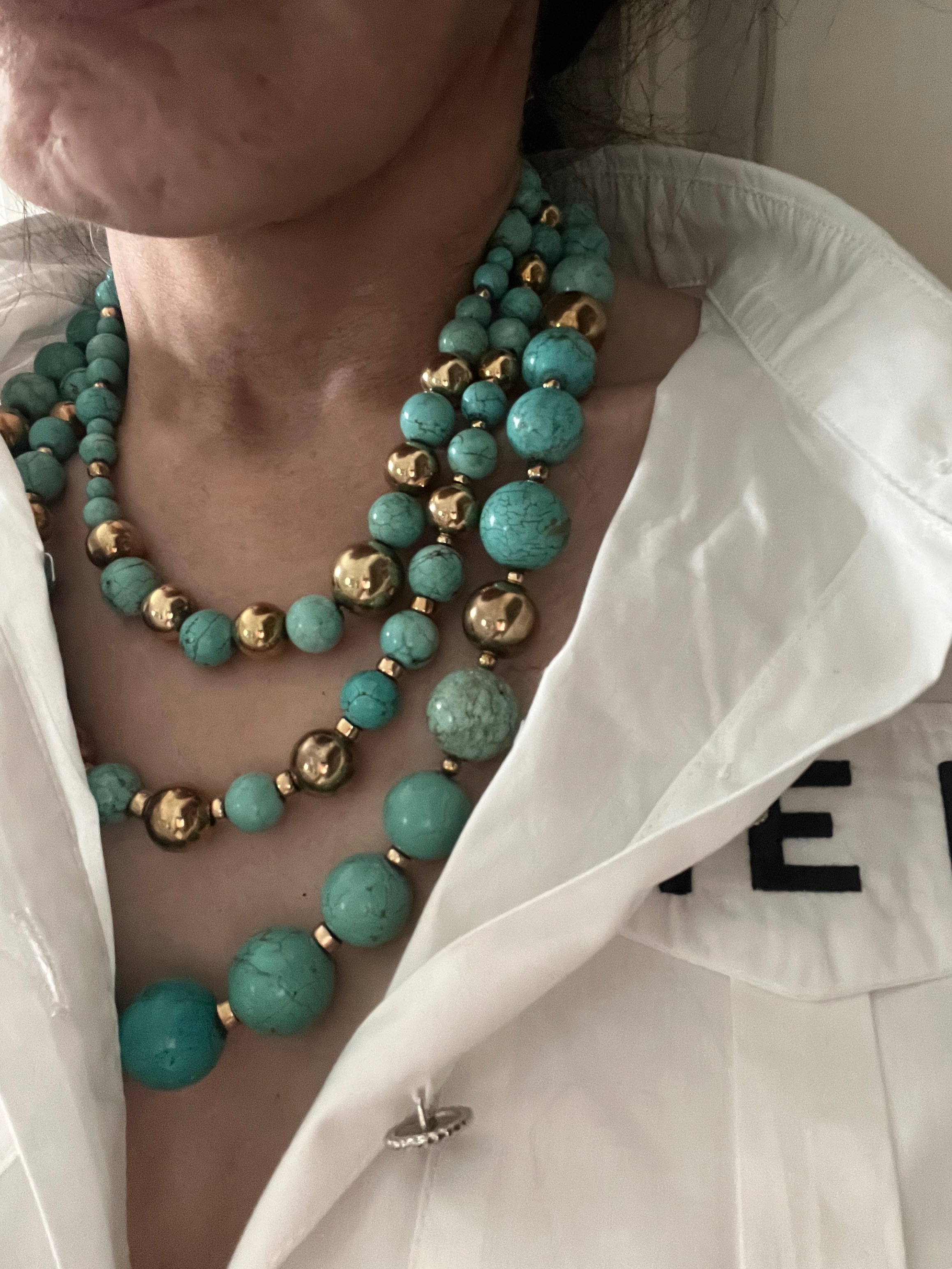 Preowned Besoke Turquoise and Gold Plated Silver Triple Strand Statement Necklace turquoise/gold plated silver