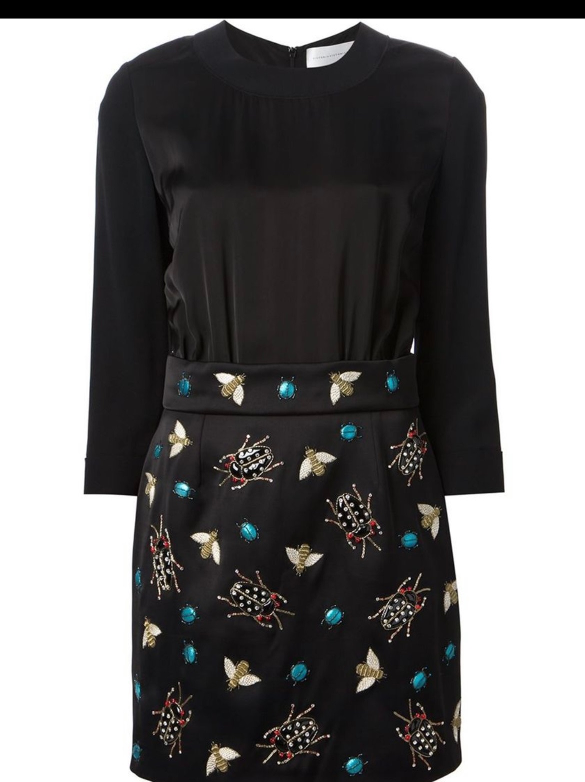 Preowned Victoria Beckham Black Silk Satin  Navy Crepe Insect Embellished Short Dress Size S