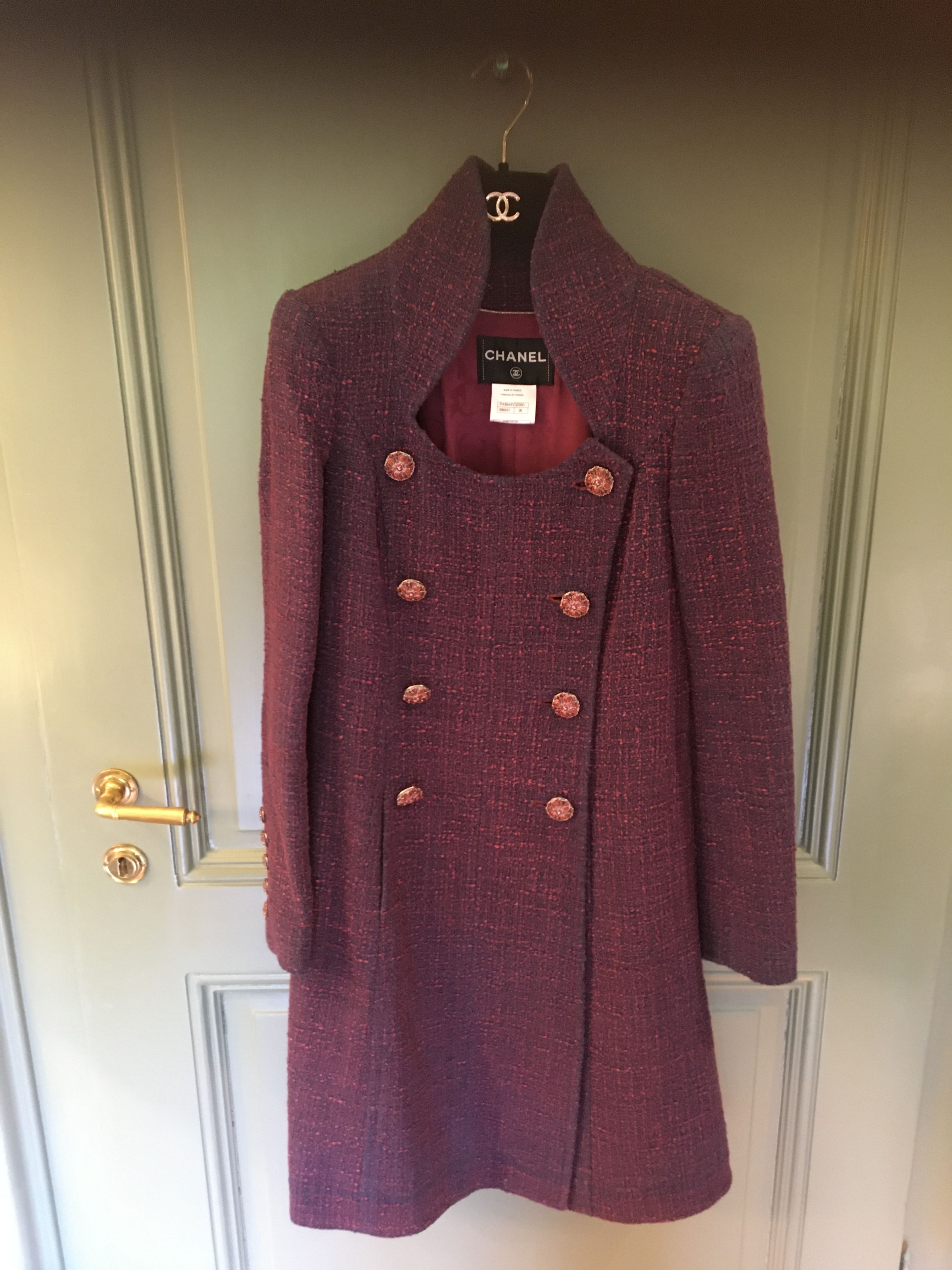 Preowned Chanel Purple Tweed Double Breasted Coat Size S