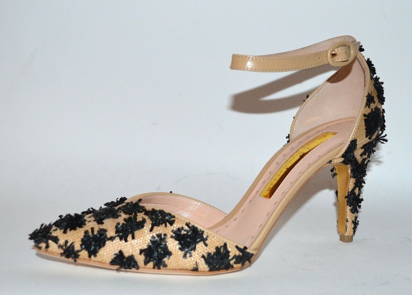 Rupert Sanderson Calleen Raffia Embellished Sandals Size 37 Gold