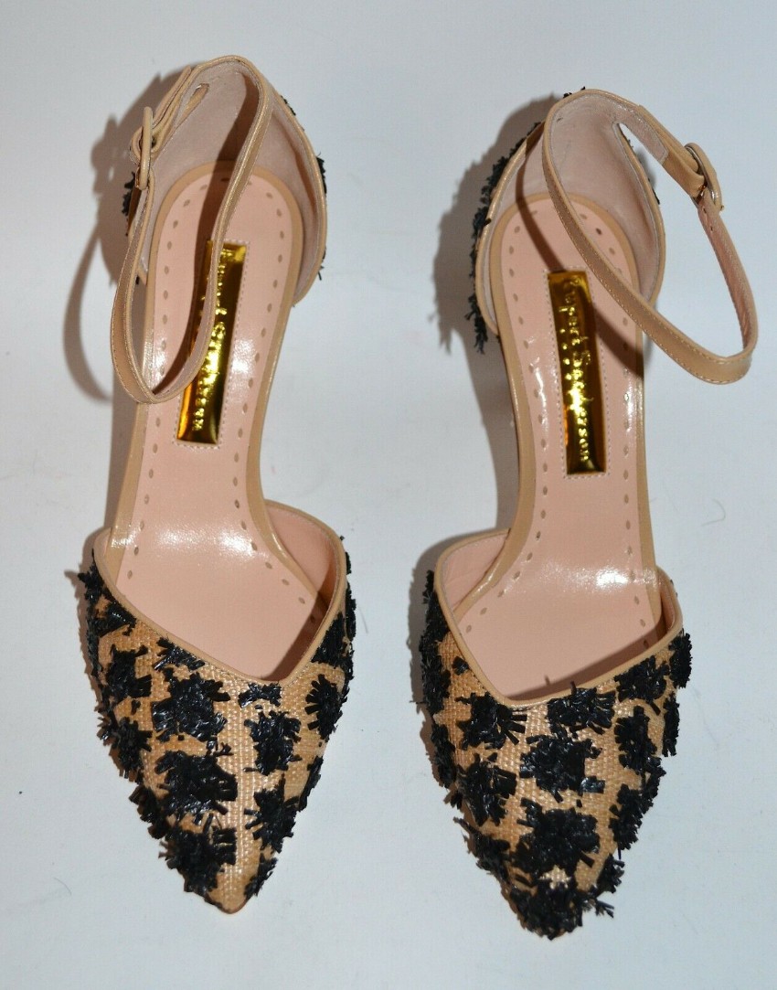 Rupert Sanderson Calleen Raffia Embellished Sandals Size 37 Gold