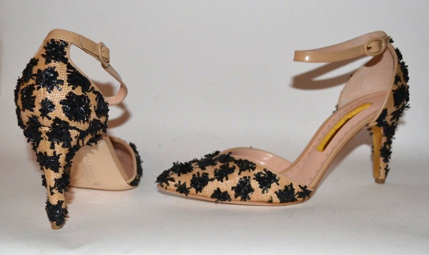 Rupert Sanderson Calleen Raffia Embellished Sandals Size 37 Gold