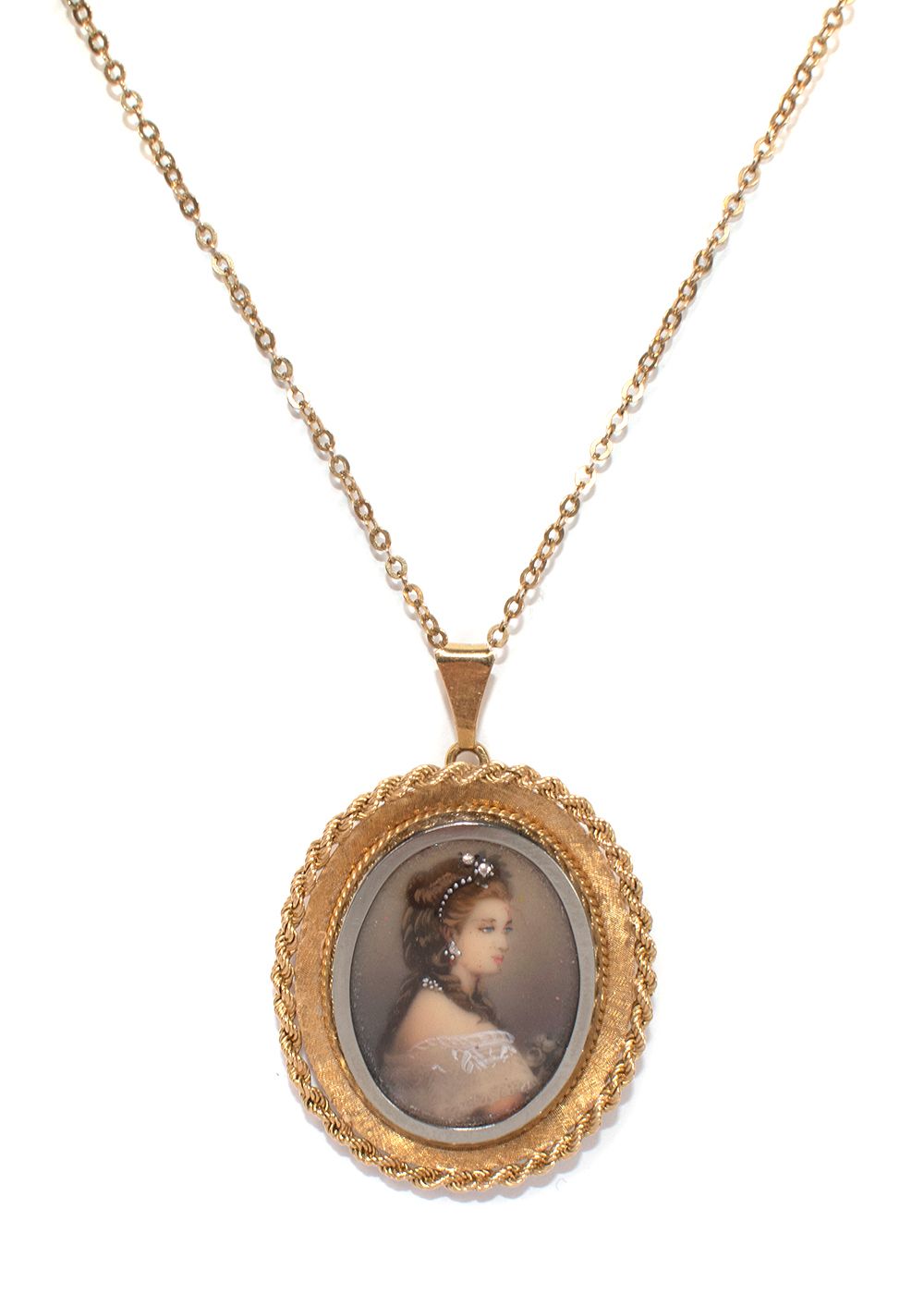 Preowned Bespoke 18ct Gold Victorian Diamond Portrait Pendant Necklace yellow gold