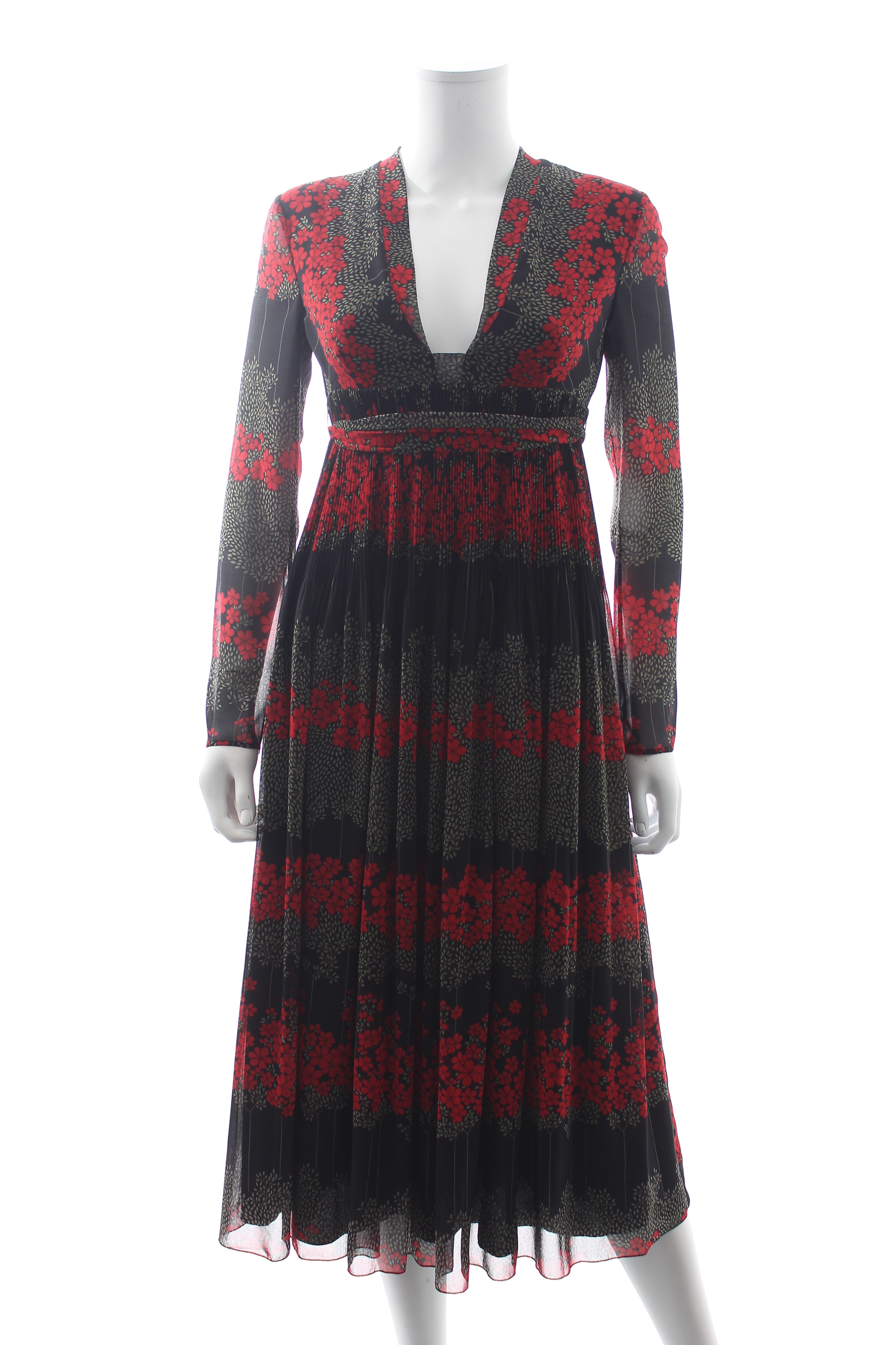 Preowned Red Valentino Pleated Floral Midi Dress Size S Black Red polyester