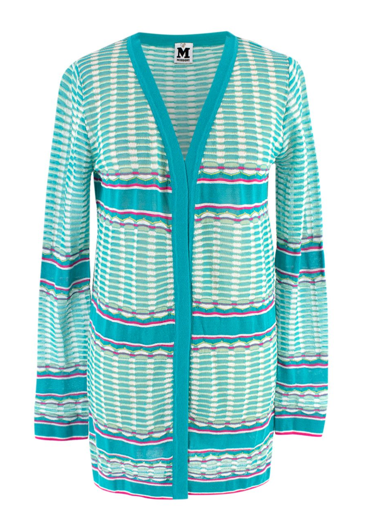 Preowned M Missoni Teal  Pink Striped Knit Cardigan Size L cotton/polyamide/polyester