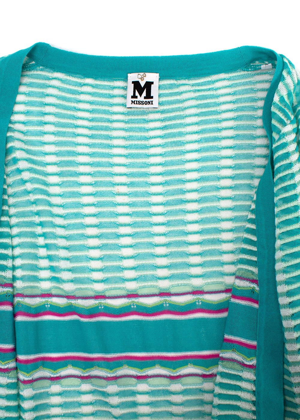 Preowned M Missoni Teal  Pink Striped Knit Cardigan Size L cotton/polyamide/polyester