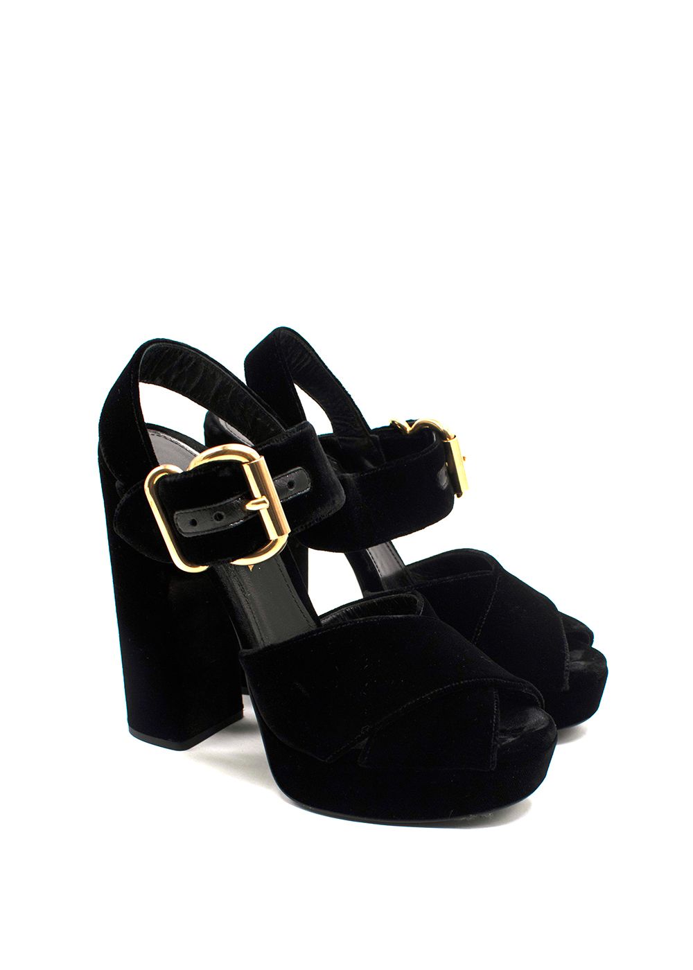 Preowned Prada Black Cross-Strap Velvet Platform Heel Size 38.5