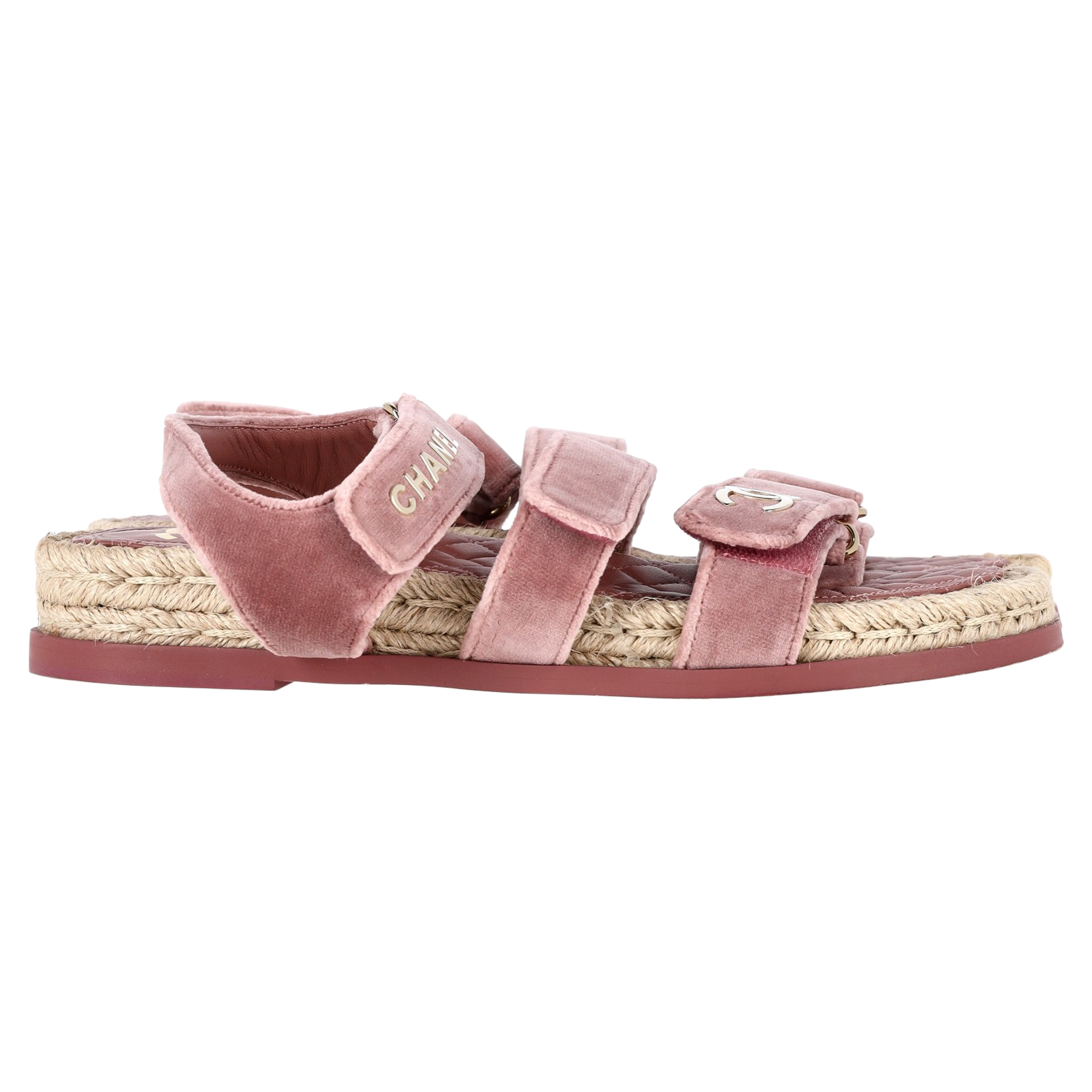 Preowned Chanel Pink Velvet Logo Velcro Dad Sandals Size 39