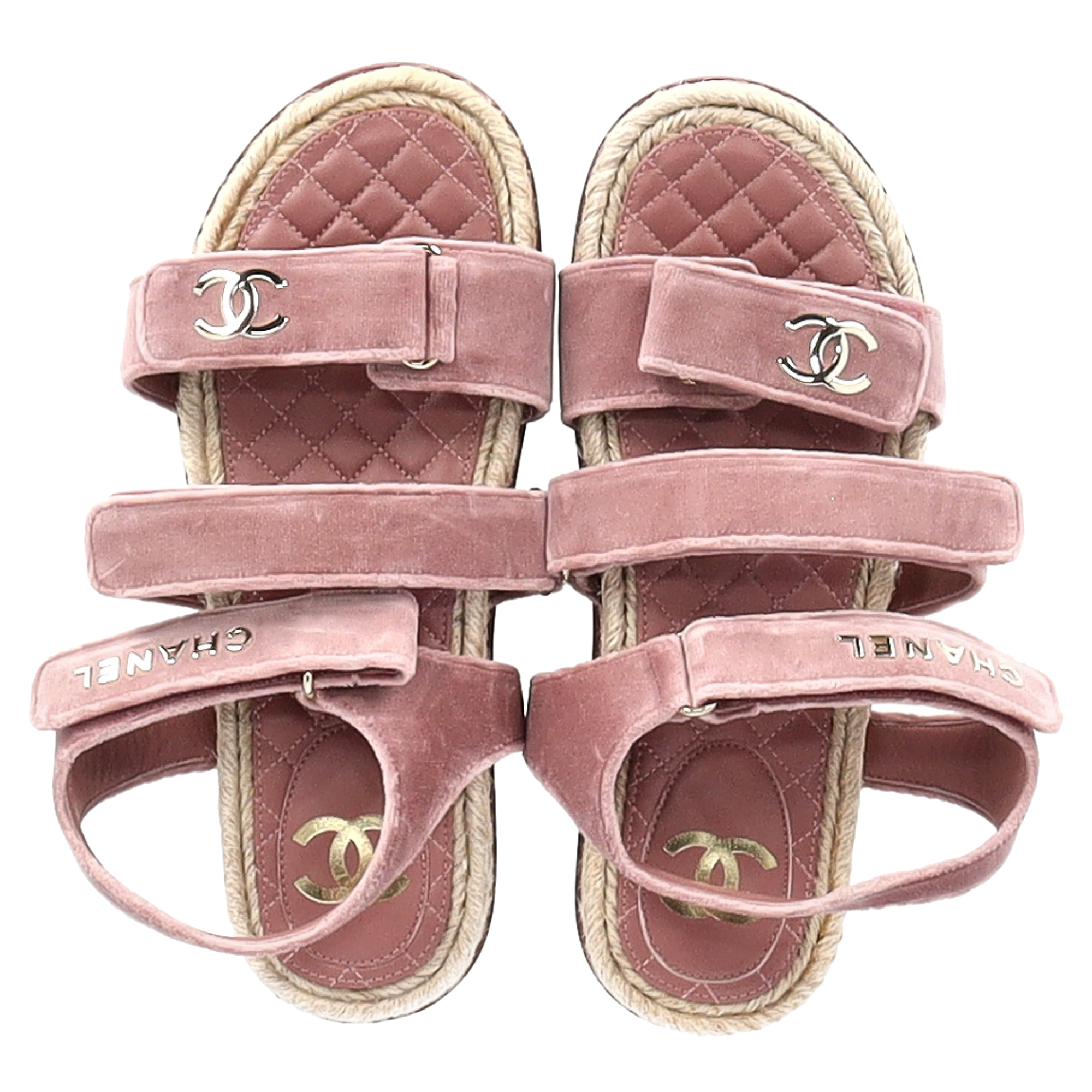 Preowned Chanel Pink Velvet Logo Velcro Dad Sandals Size 39