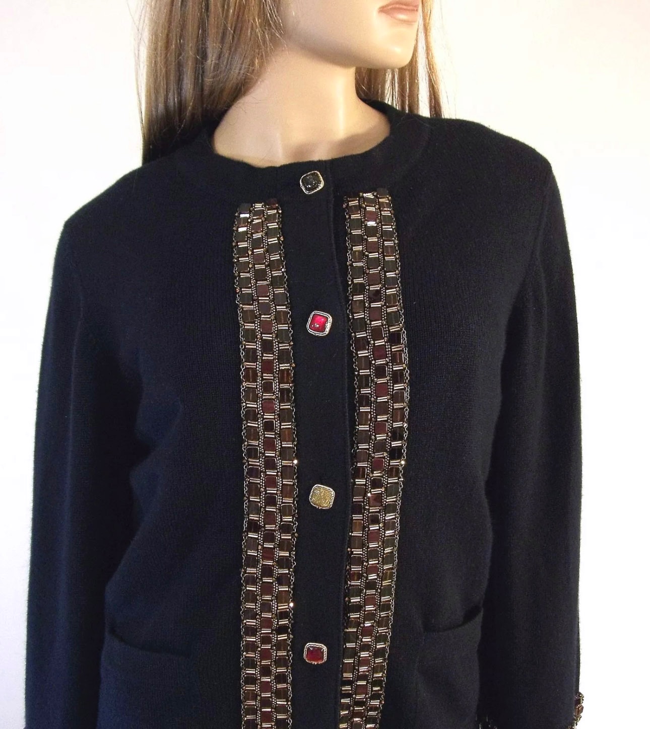 Chanel Navy Cashmere Cardigan with Gripoix Jewel Button Detaill Size M