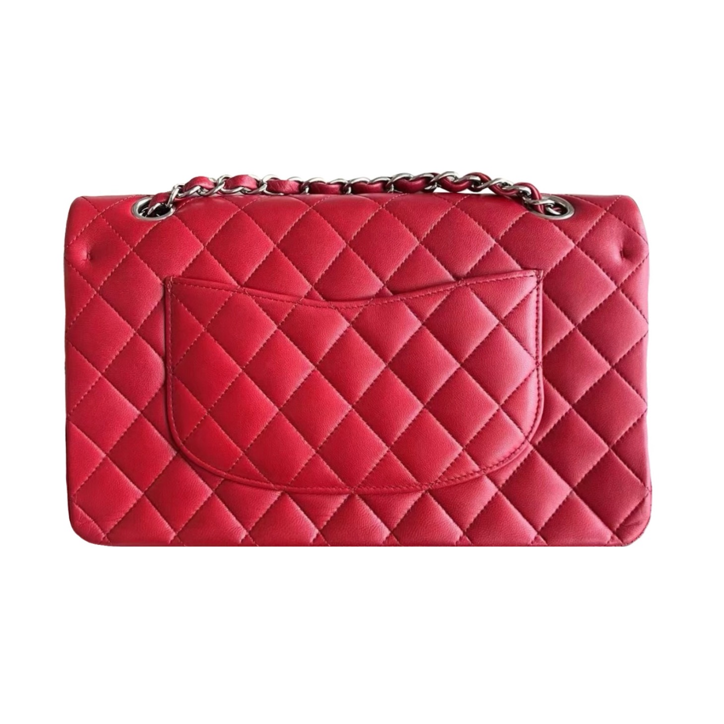 Preowned Chanel Red Quilted Lambskin Medium Classic Double Flap Bag leather