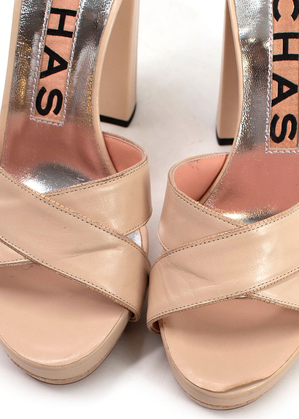 Preowned Rochas Nude Leather Platform Heels Size 385 beige