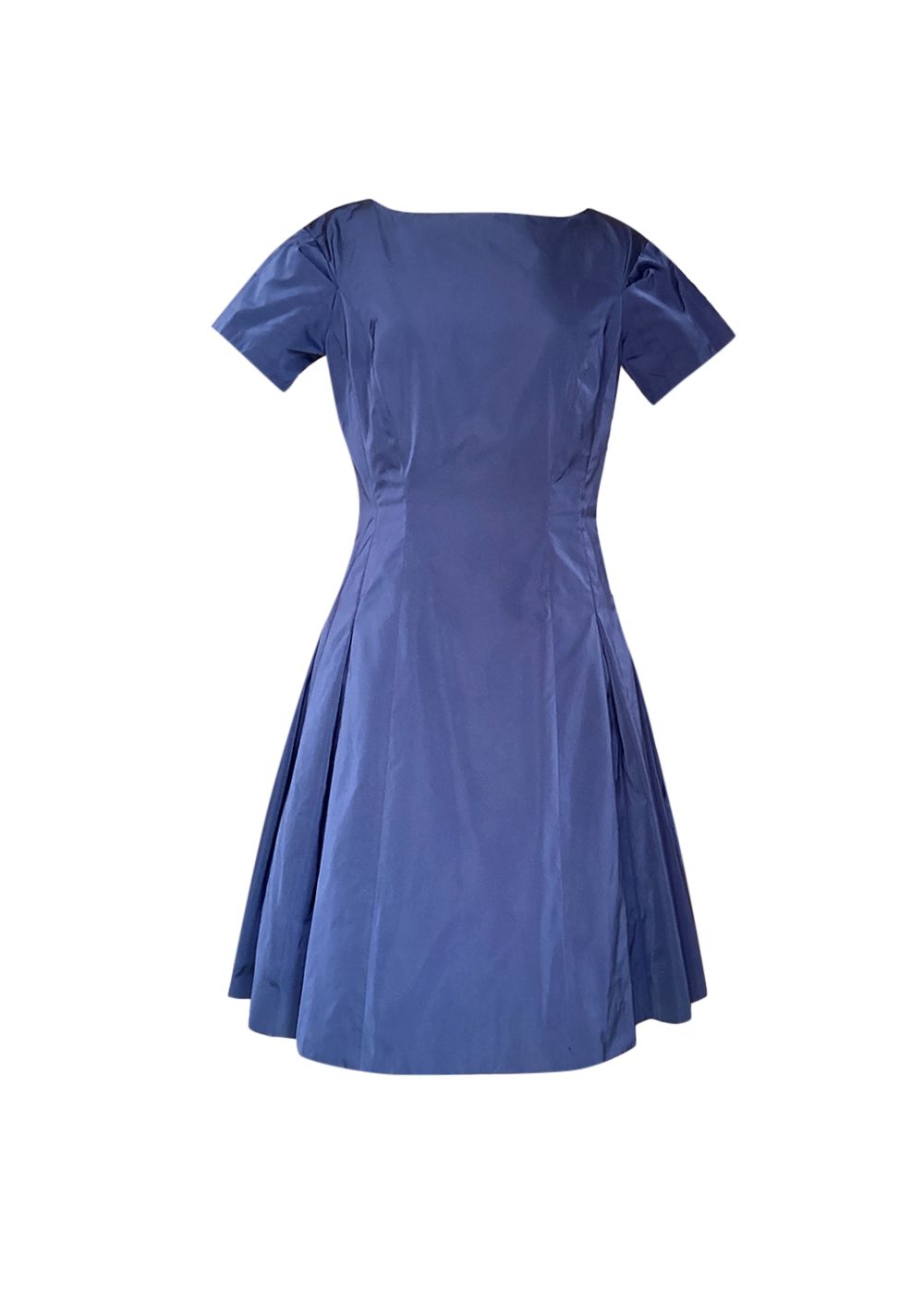 Preowned Oscar de la Renta Box Pleated Short Sleeved Silk Blend Dress Size M Blue silk/polyester