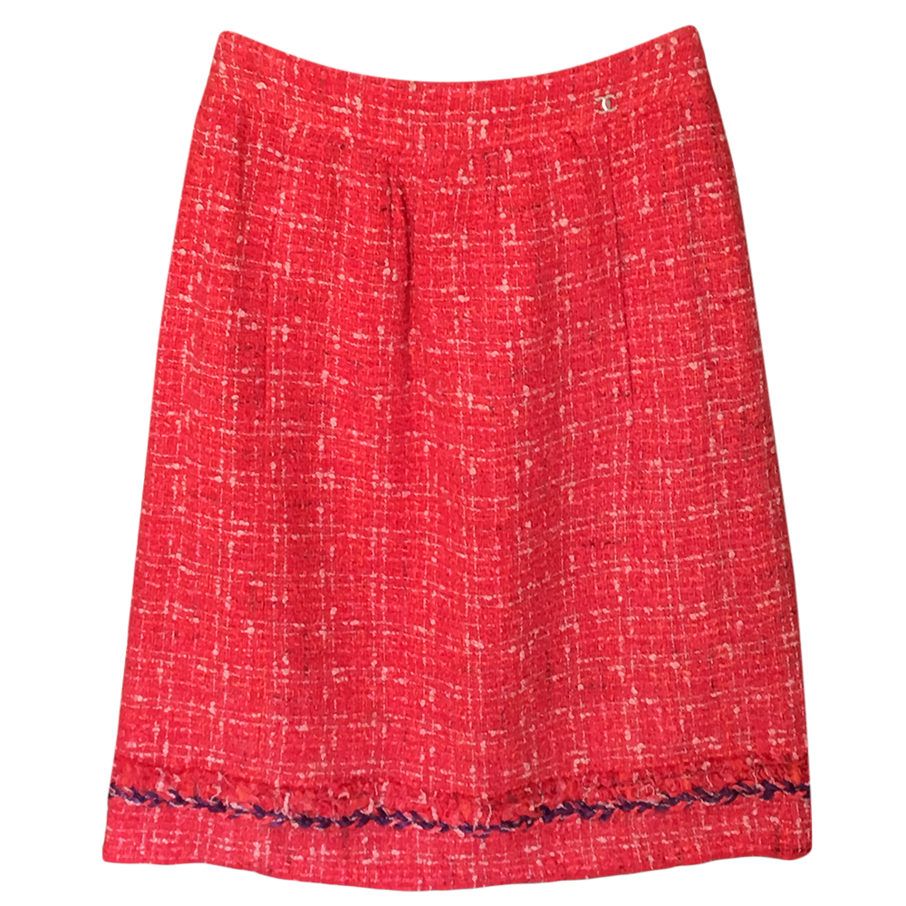 Preowned Chanel Red Tweed Boucle Skirt Size S Pink cotton