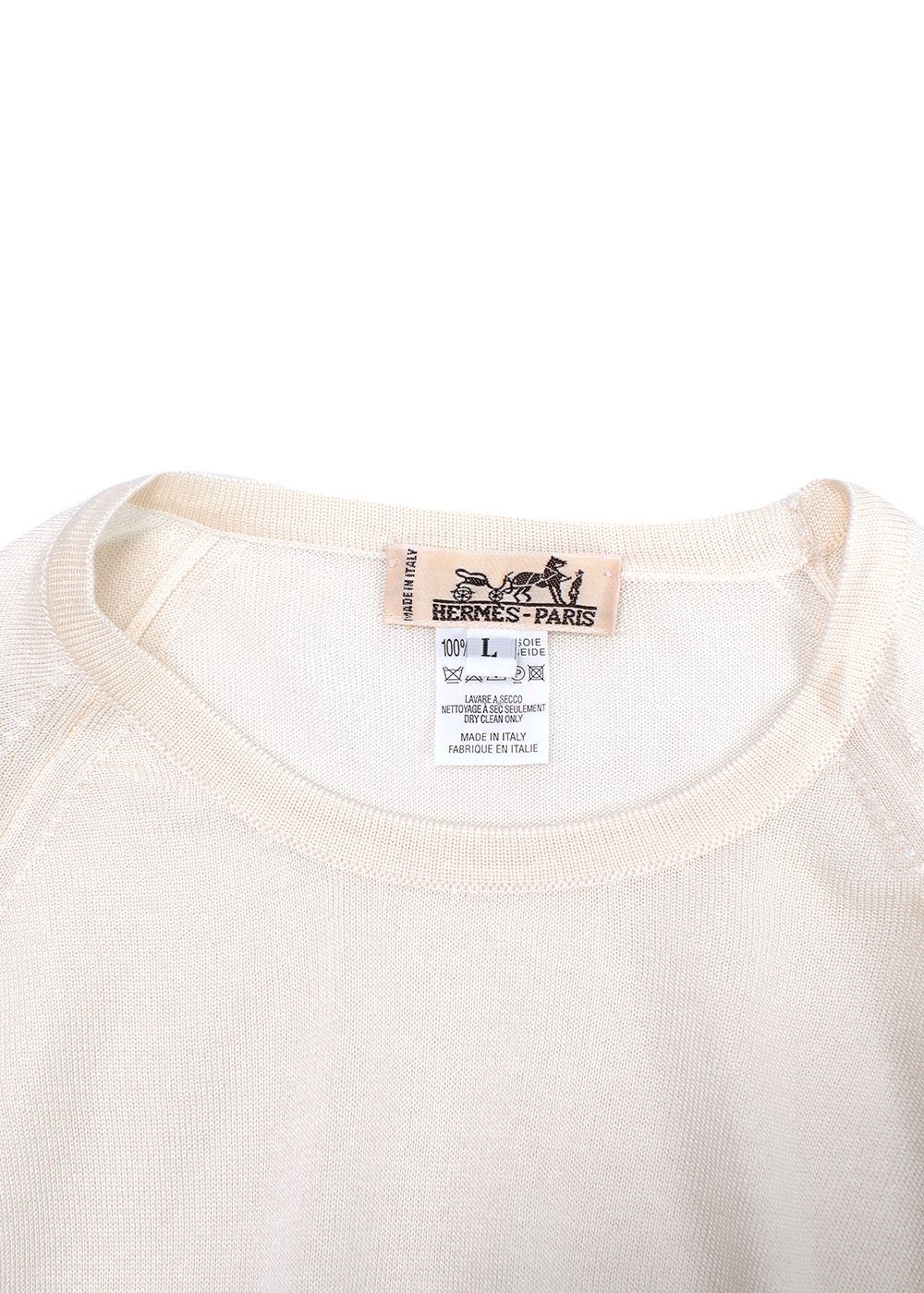 Hermes Ivory Short Sleeve Fine Knit Silk Top Size L