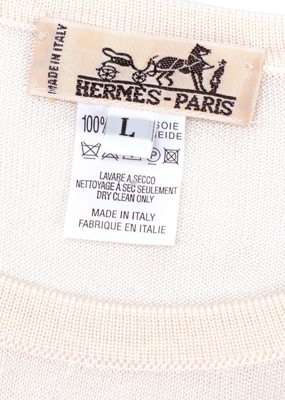 Hermes Ivory Short Sleeve Fine Knit Silk Top Size L