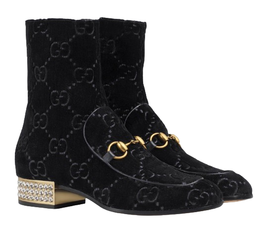 Gucci Black Velvet Horsebit Boots with Crystal Detail Size 37 Black with brass horse bit and diamanté