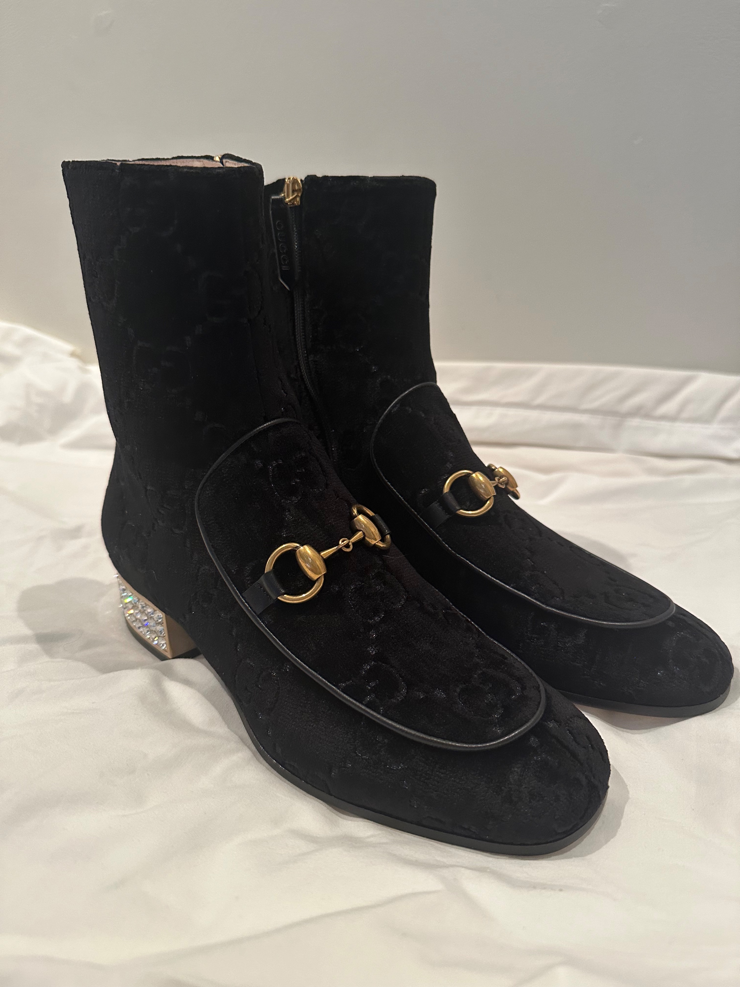 Gucci Black Velvet Horsebit Boots with Crystal Detail Size 37 Black with brass horse bit and diamanté