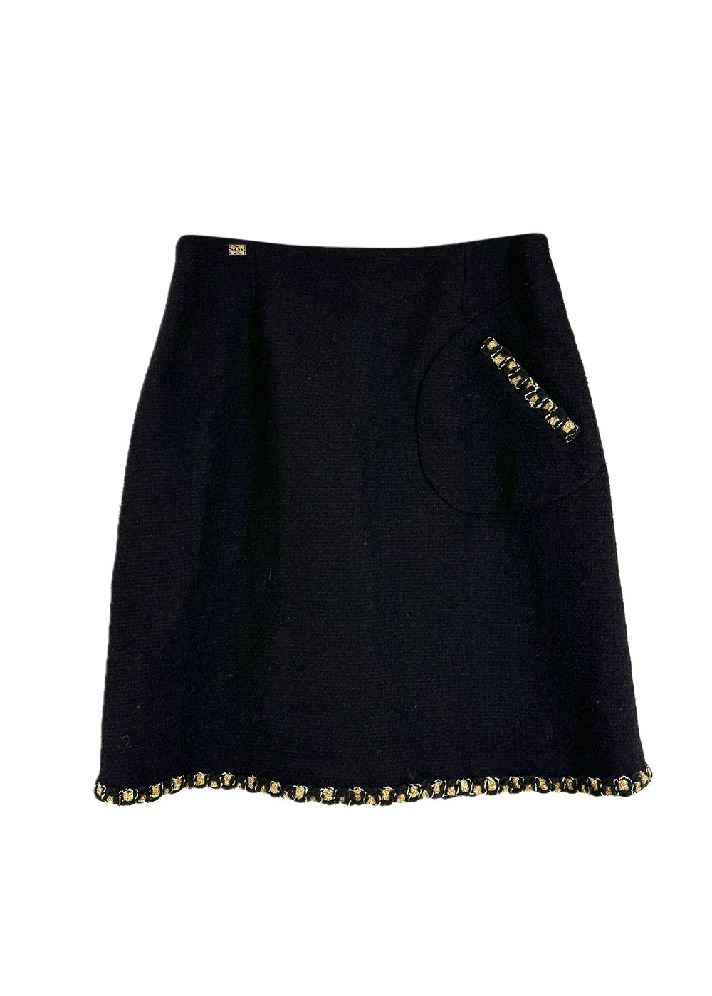 Chanel Black Tweed Mini Skirt with Gold Trim Detail Size S