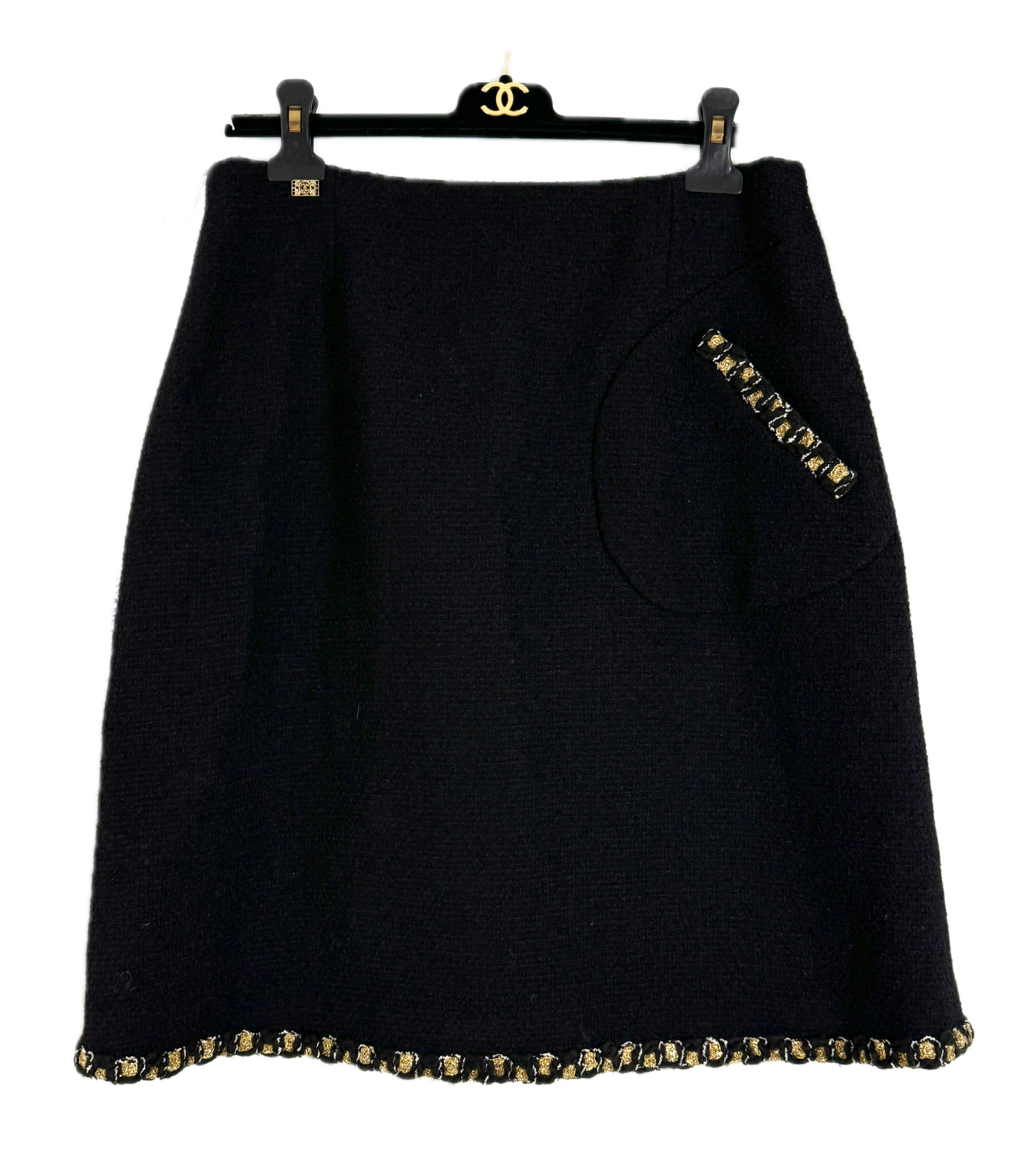 Chanel Black Tweed Mini Skirt with Gold Trim Detail Size S