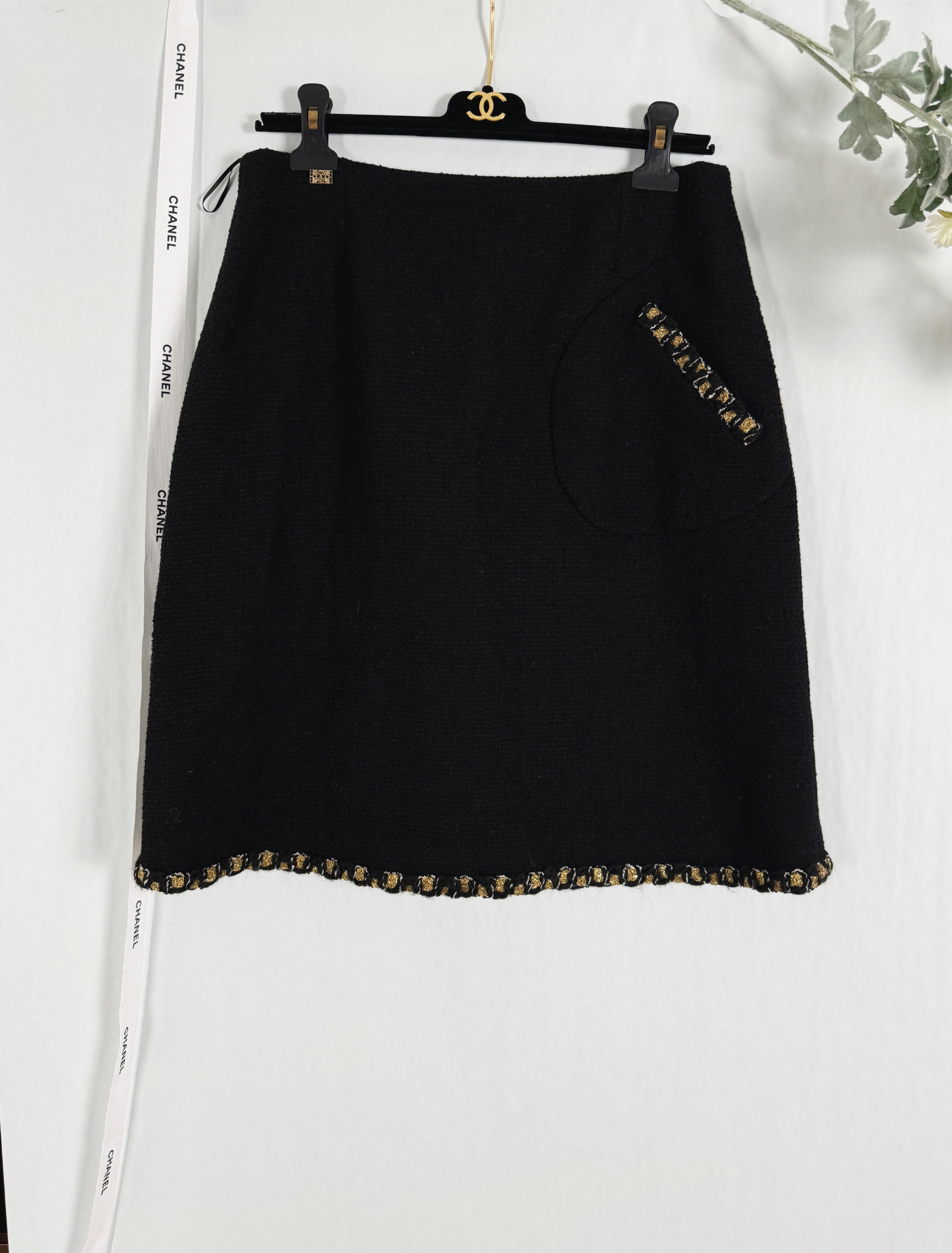 Chanel Black Tweed Mini Skirt with Gold Trim Detail Size S