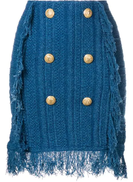 Preowned Balmain Frayed Button-embellished Tweed Mini Skirt In Blue Size XXS cotton