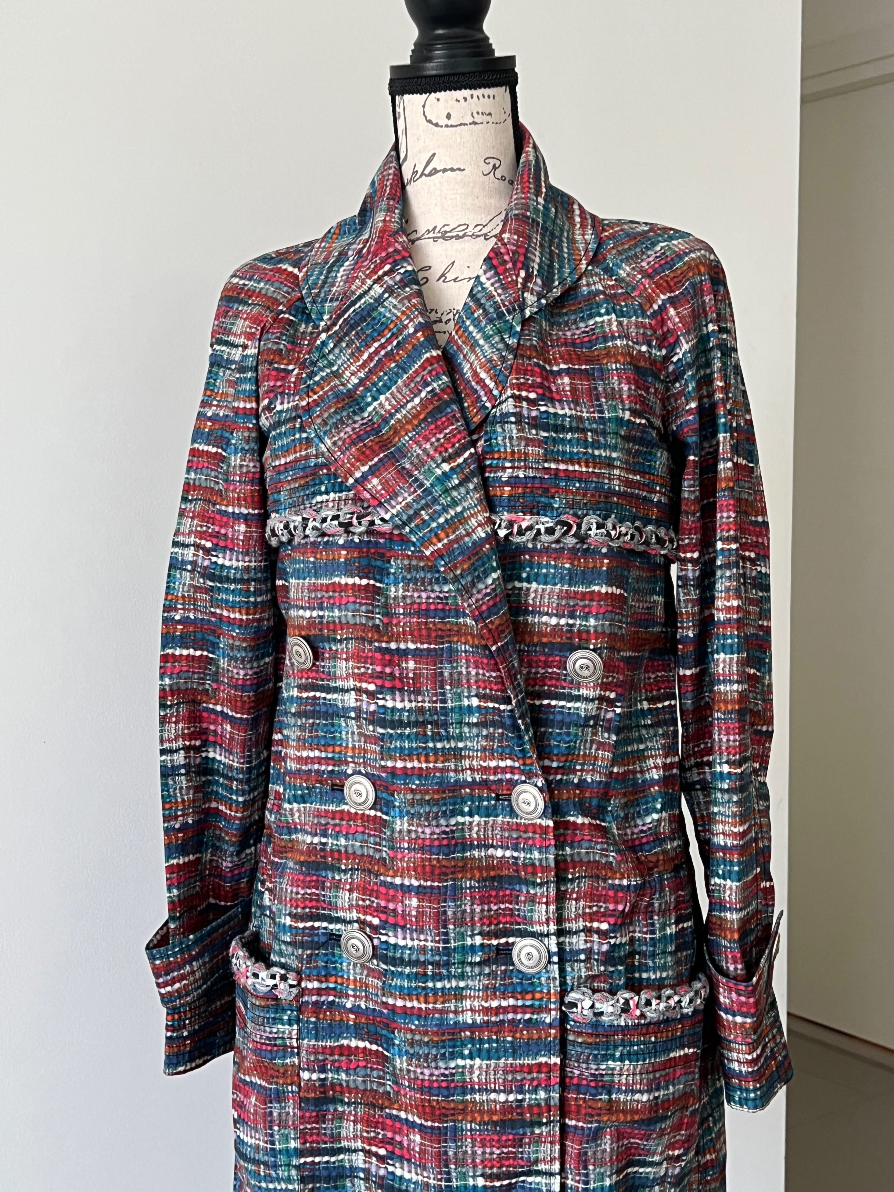 Chanel Iconic Tweed Trench Coat Size XS multicolor cotton