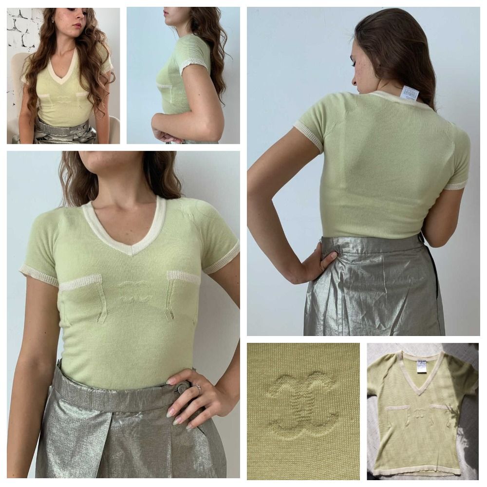 Preowned Chanel Green CC Cashmere Knit T-Shirt Size XS Multiple colors