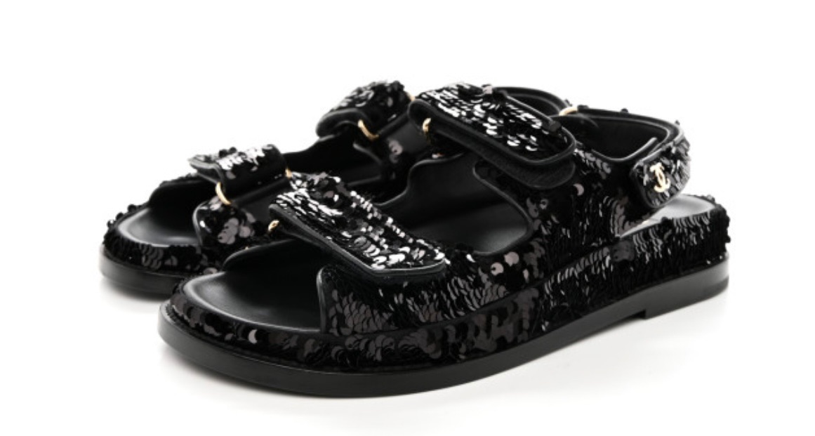 Preowned Chanel Black Sequin Dad Sandals Size 39.5