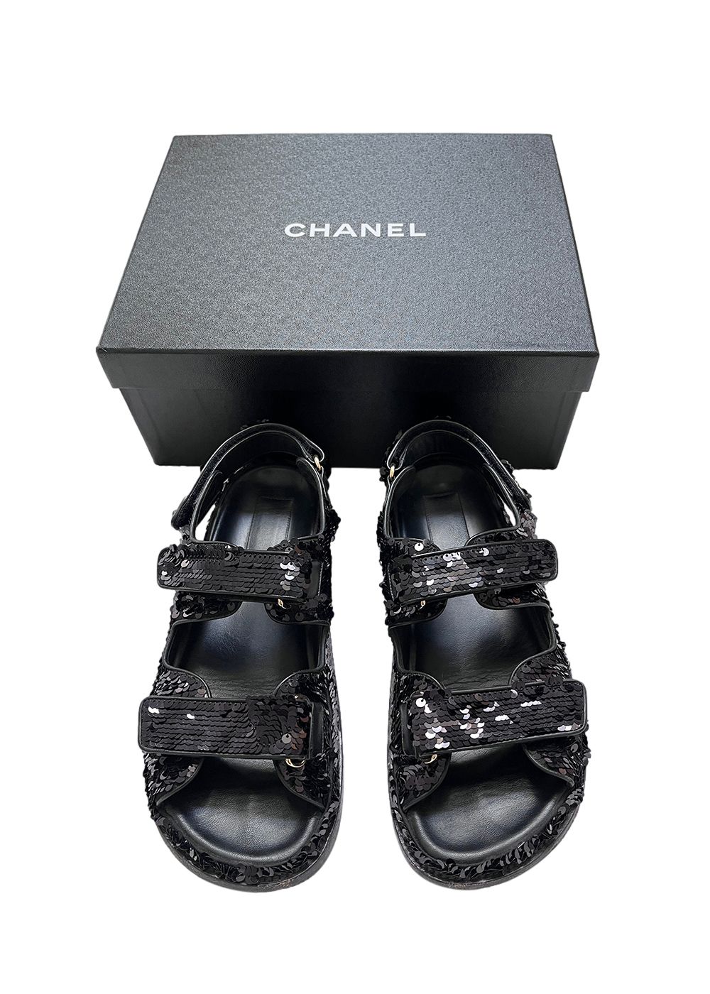 Preowned Chanel Black Sequin Dad Sandals Size 39.5