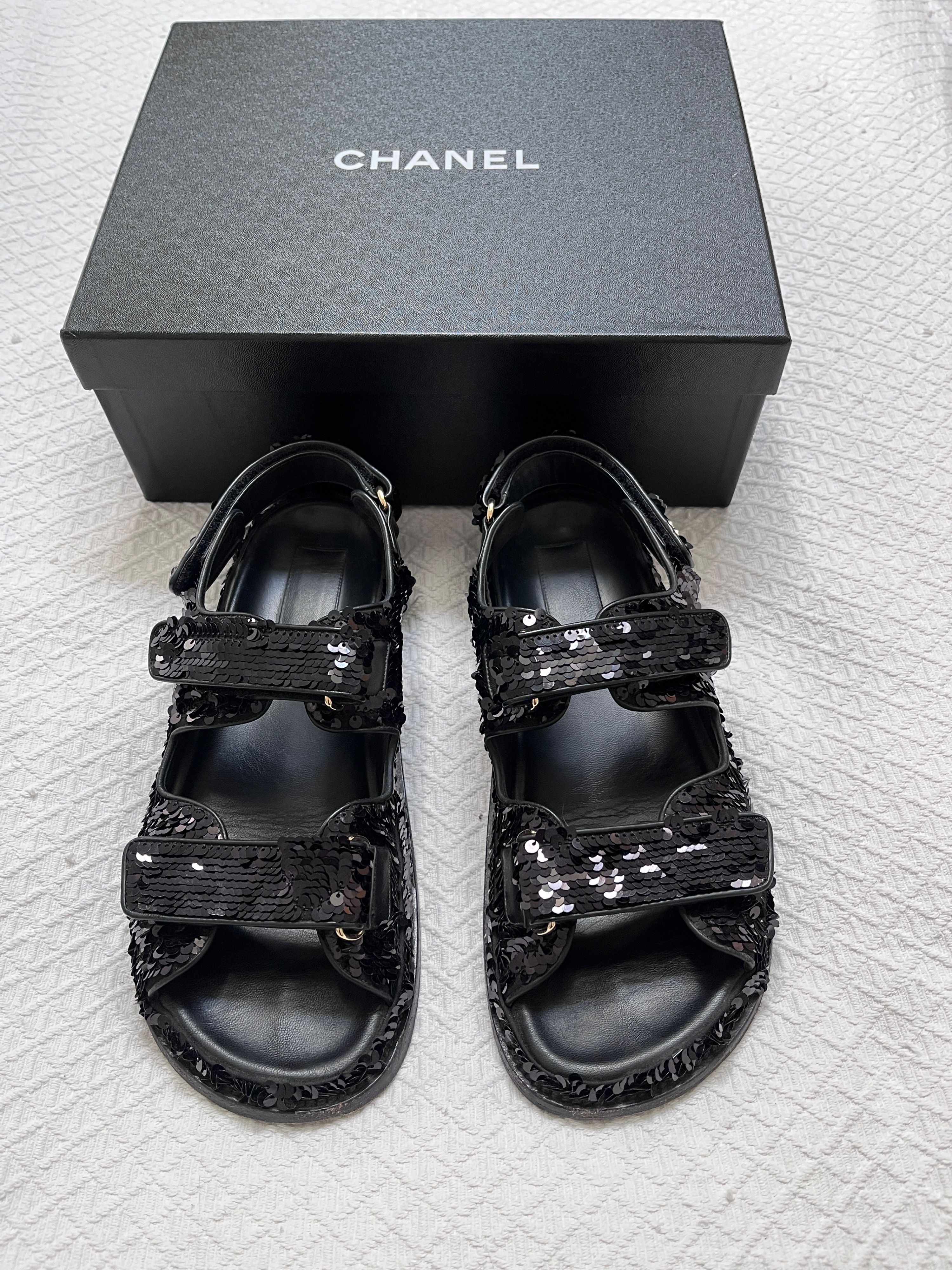 Preowned Chanel Black Sequin Dad Sandals Size 39.5