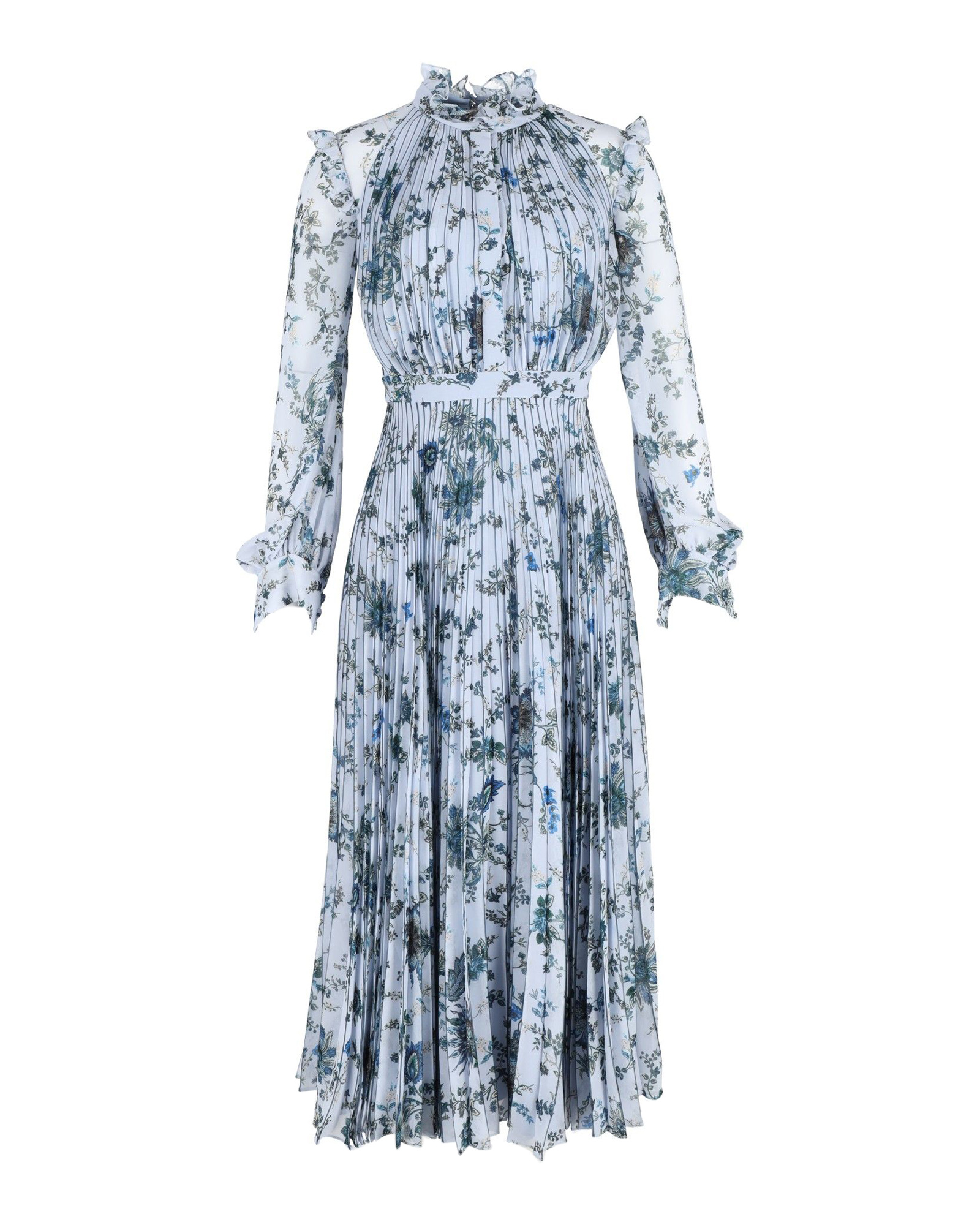 Erdem Blue Narella Hogarth-Print Pleated-Chiffon Dress Size XS