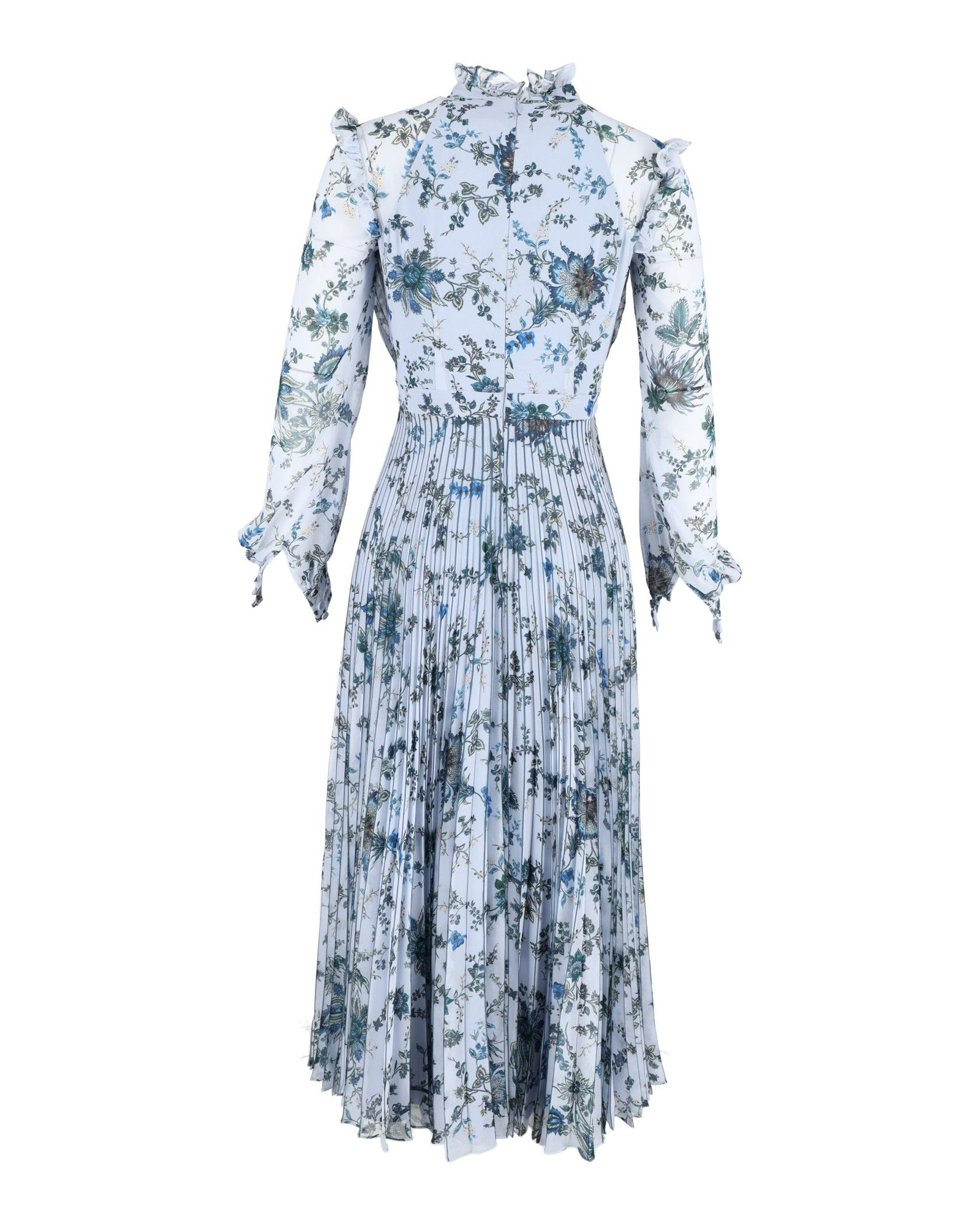 Erdem Blue Narella Hogarth-Print Pleated-Chiffon Dress Size XS