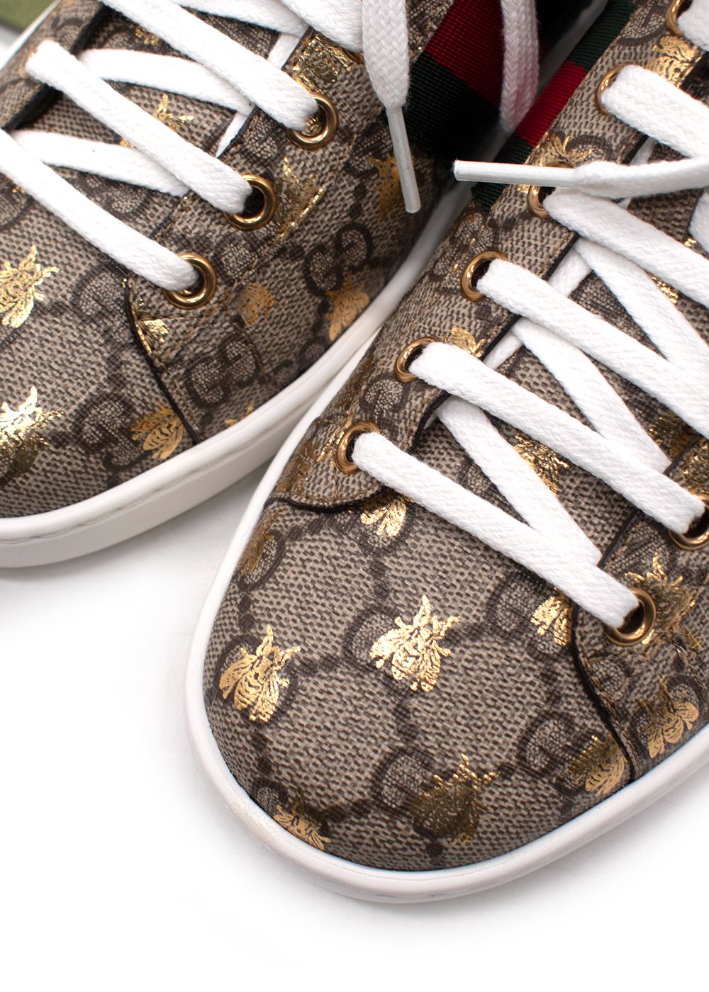 Gucci Ace Monogram Bee Motif Sneakers Size 38 brown coated canvas