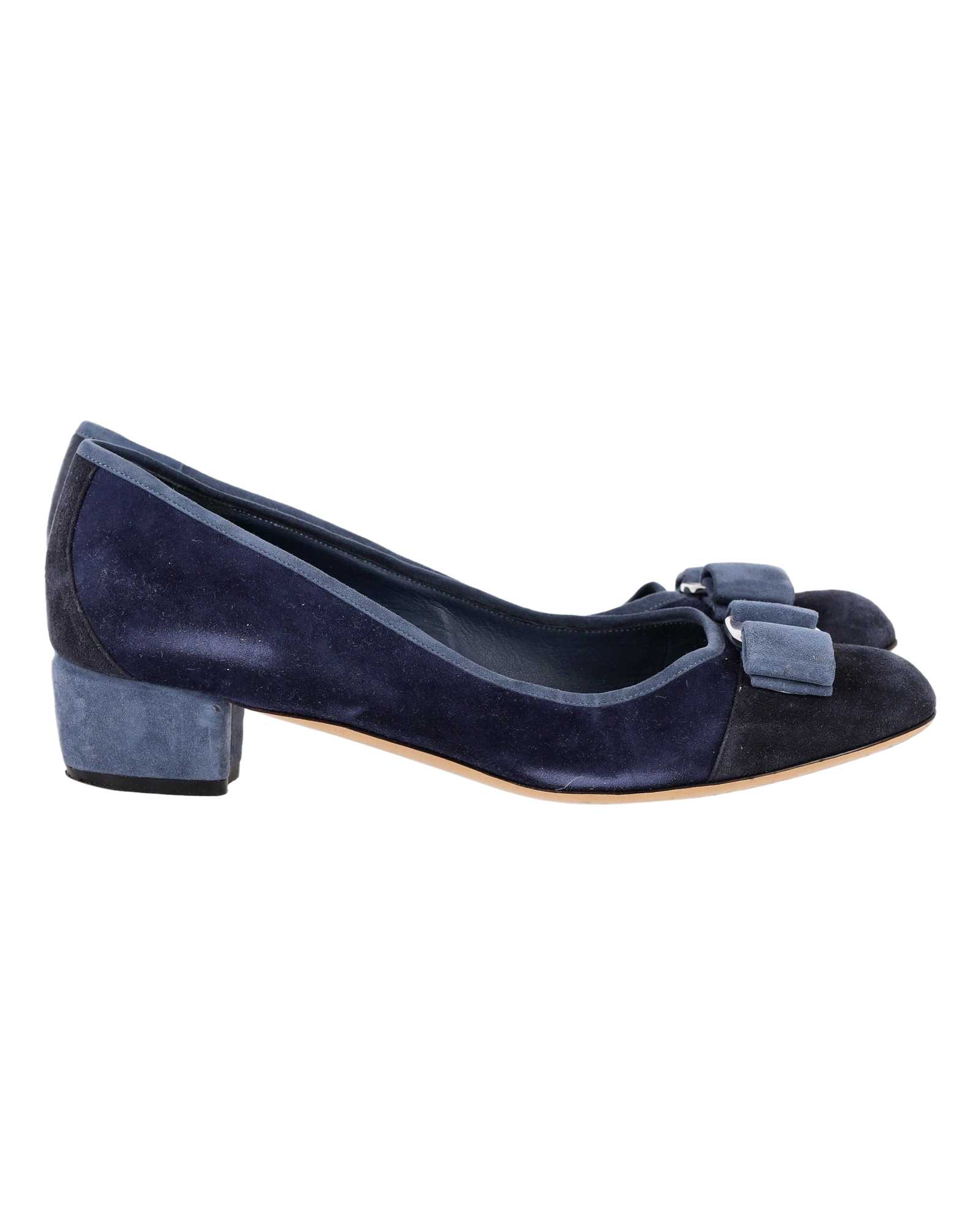 Preowned Salvatore Ferragamo Navy Blue Suede Vara Bow Block-Heel Pumps Size 37