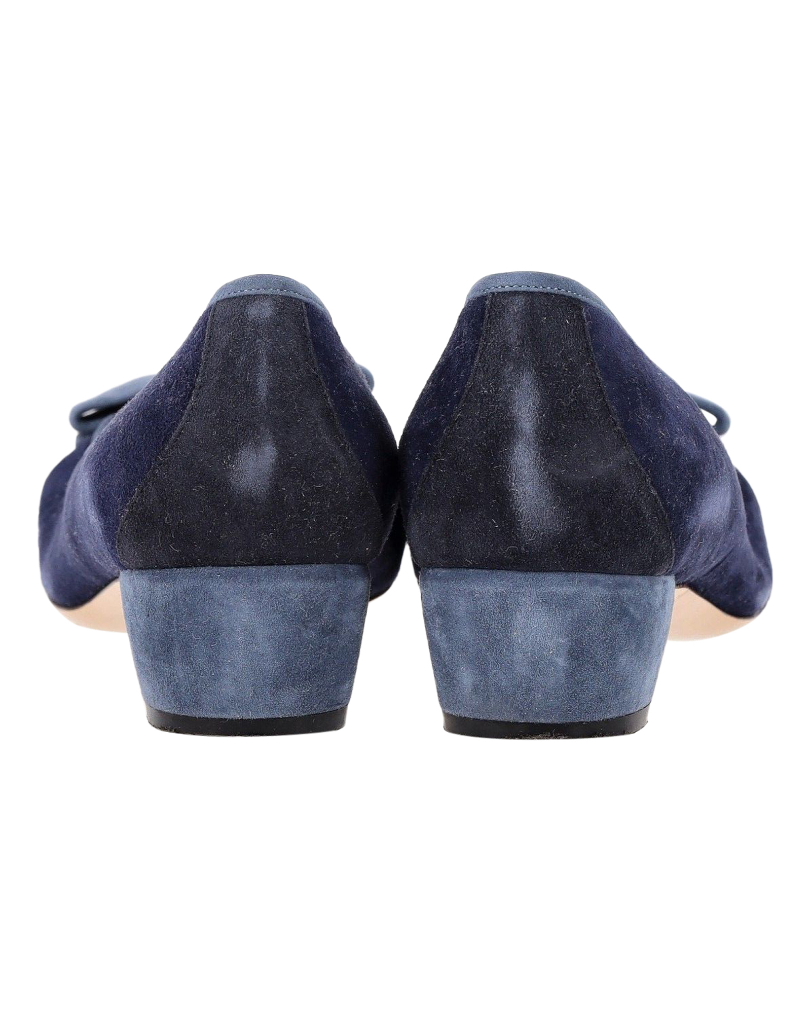 Preowned Salvatore Ferragamo Navy Blue Suede Vara Bow Block-Heel Pumps Size 37