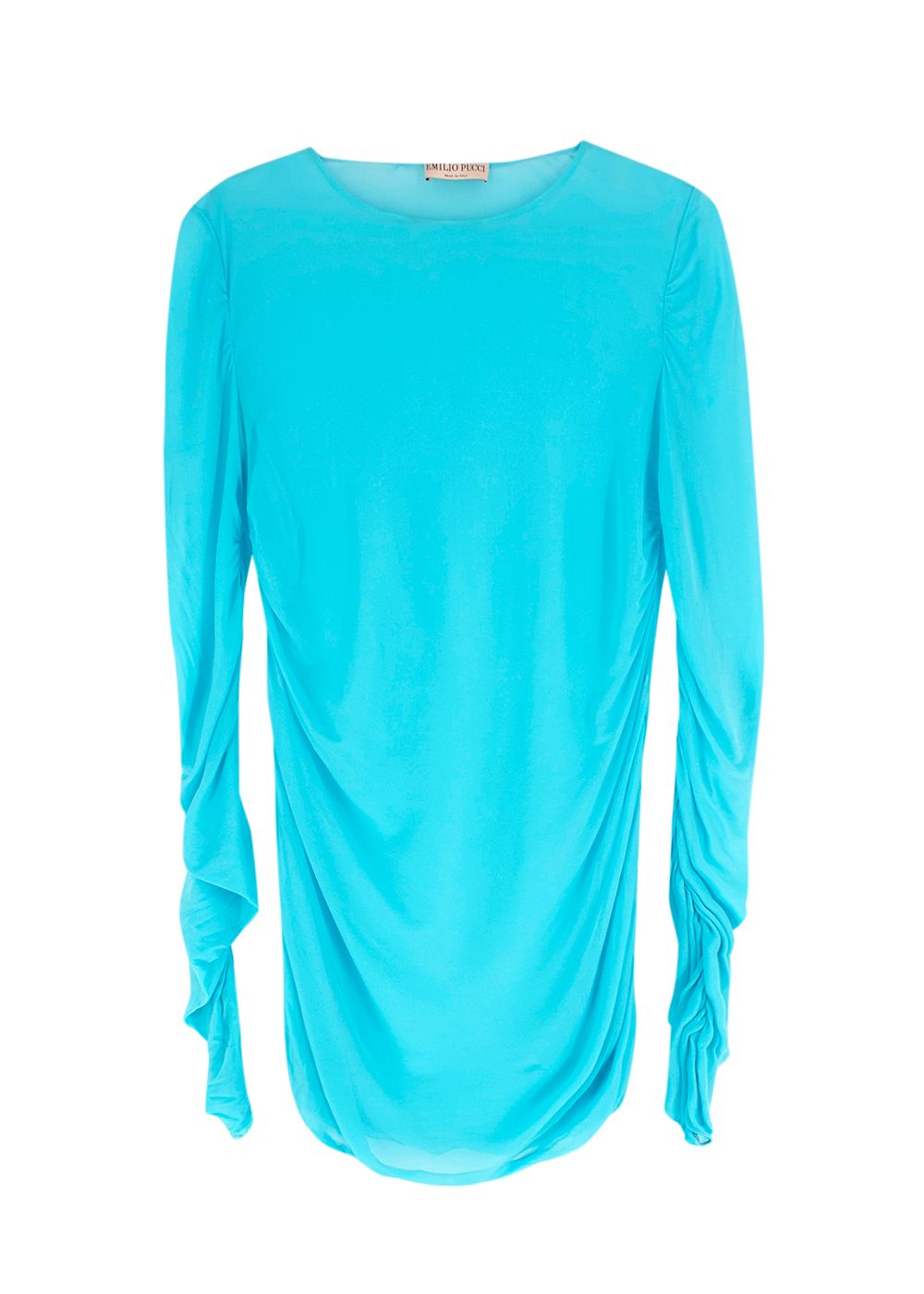 Preowned Emilio Pucci Turquoise Semi Sheer Ruched Sleeve Mini Dress Size XS cupro