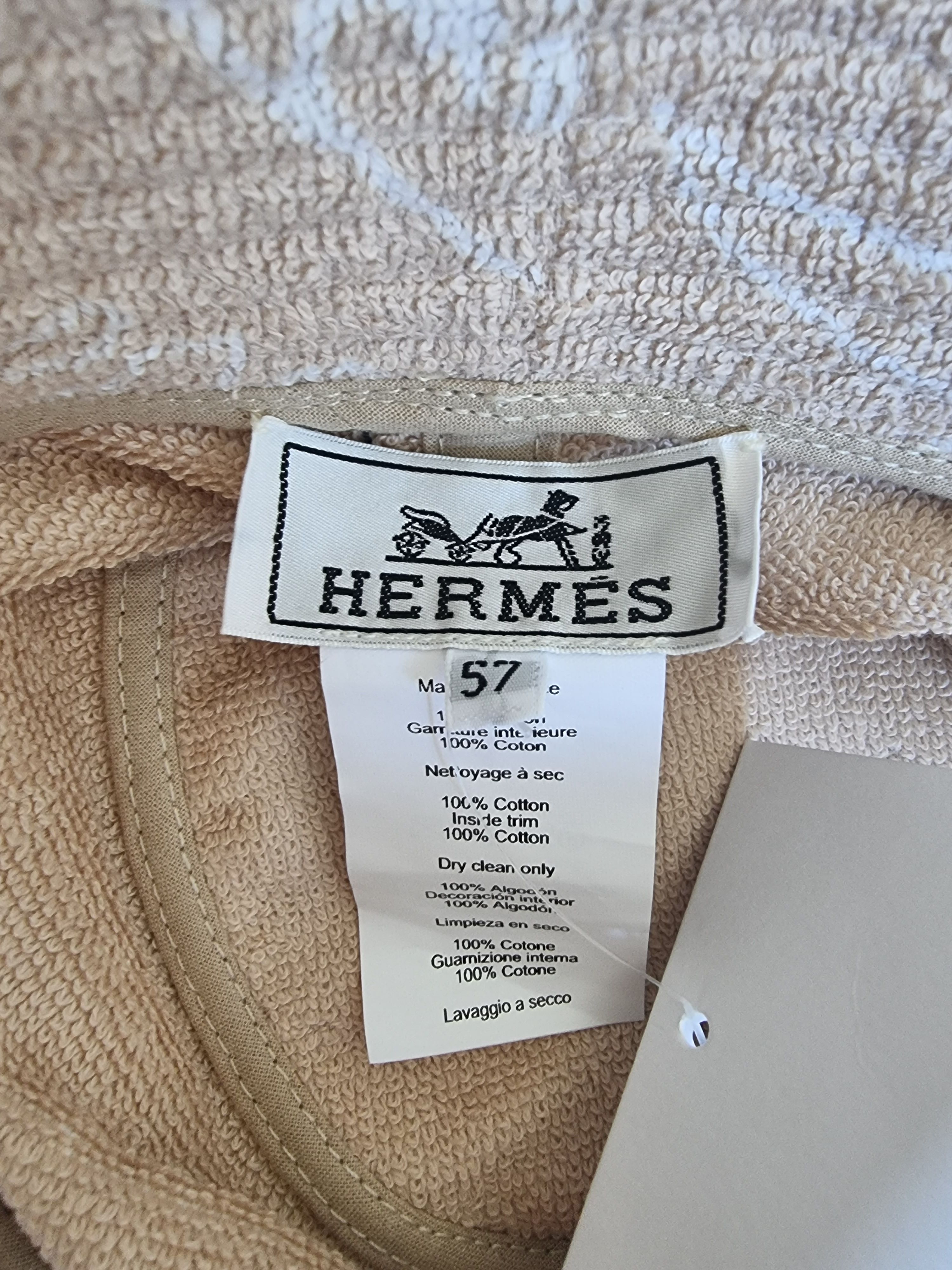 Hermes Beige Gene Les Leopards Terry Towelling Bucket Hat Size M Sand/white cotton towelling