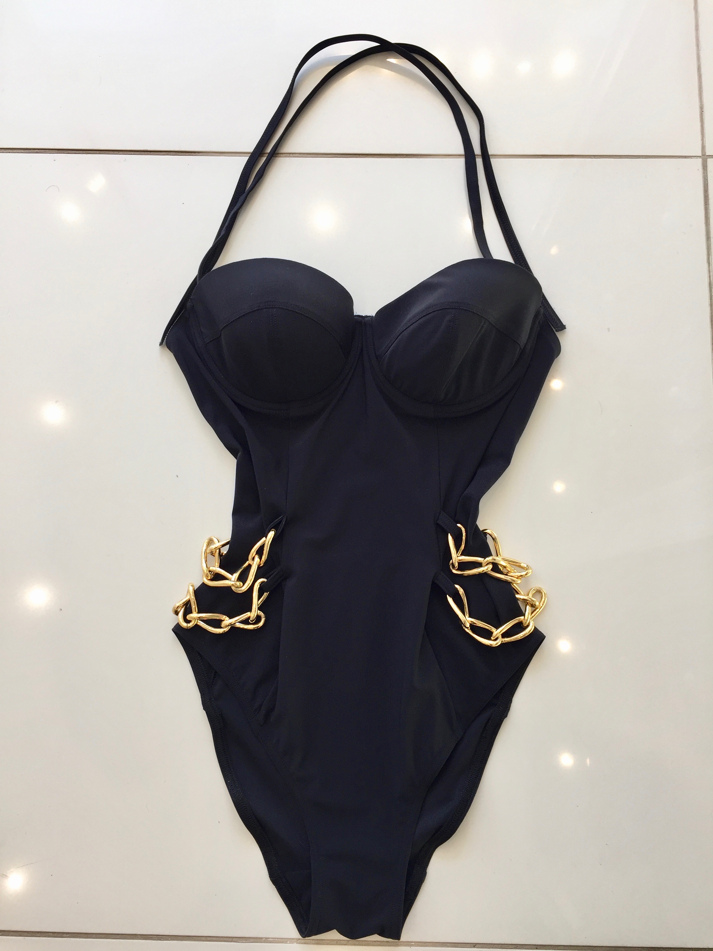 Carizzi Black 'Cocktail' Gold Chain Swimsuit Size XS lycra