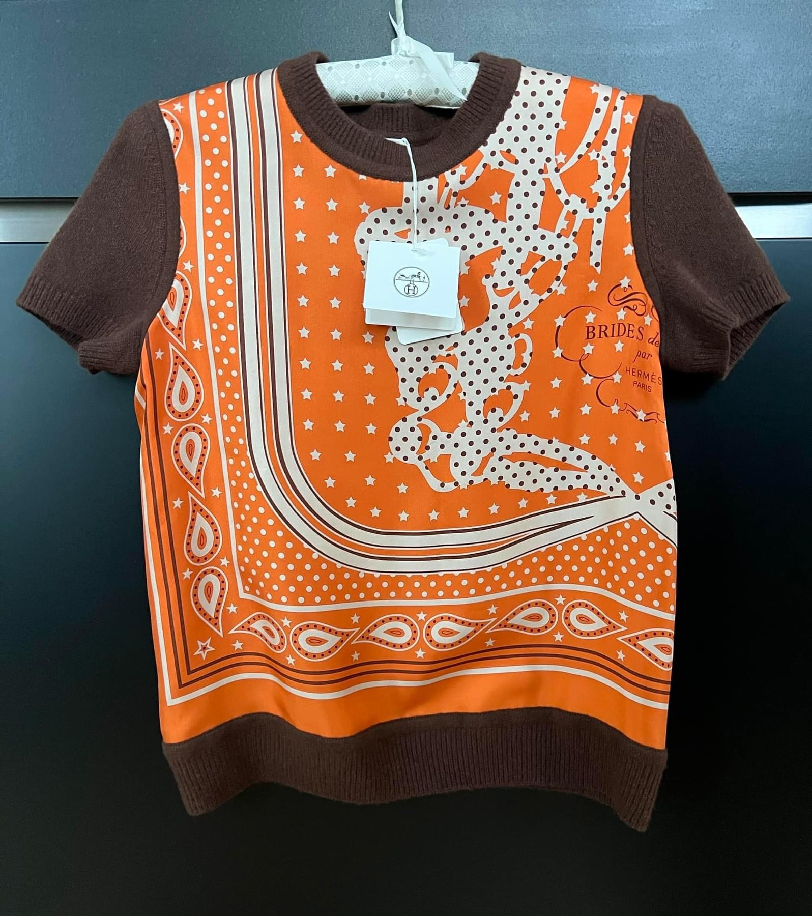 Hermes Orange and Brown Silk Blend Short Sleeve Twillaine Top Size M Orange brown silk/wool