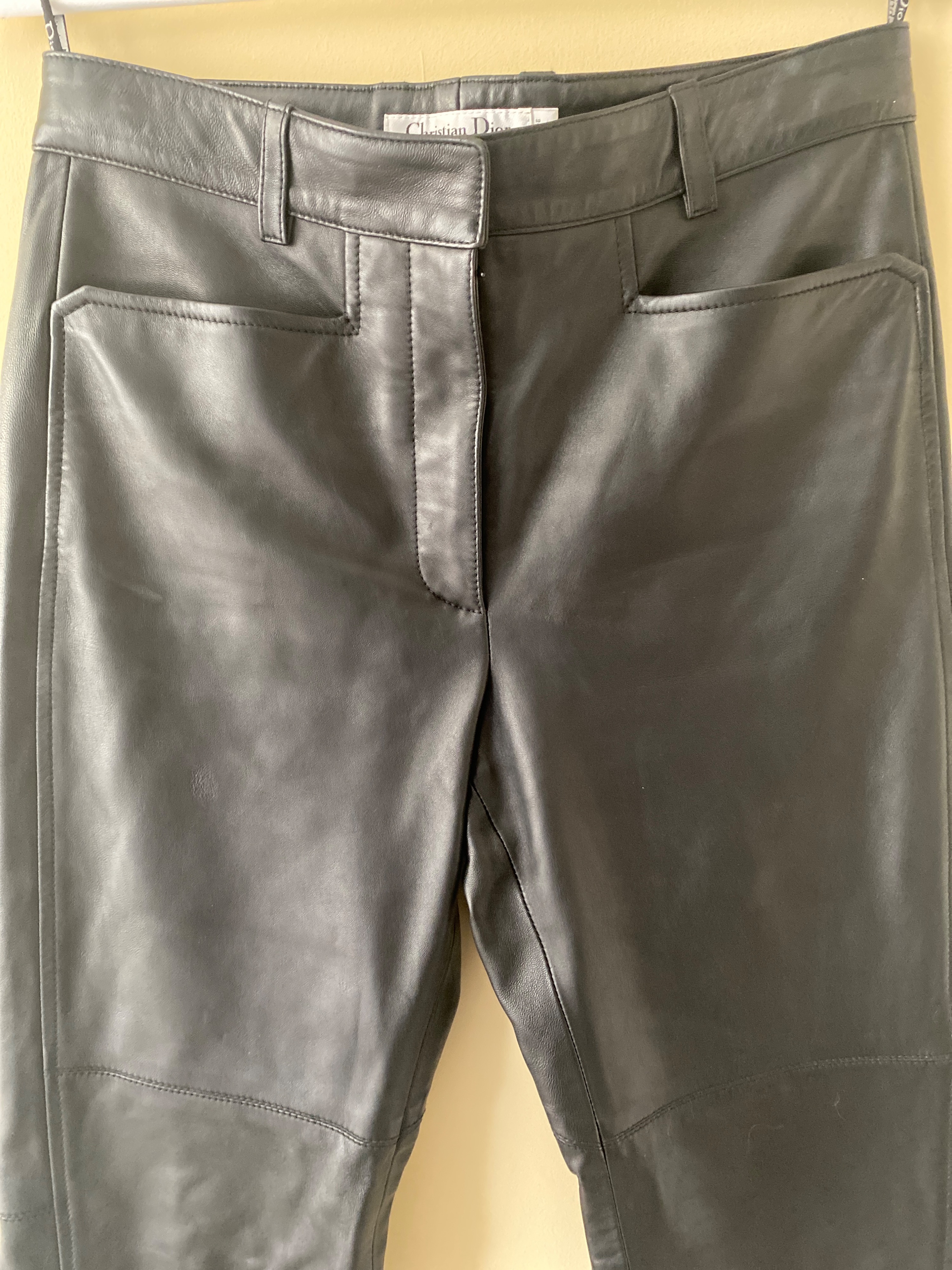 Preowned Dior Black Leather Straight Leg Biker Trousers Size S