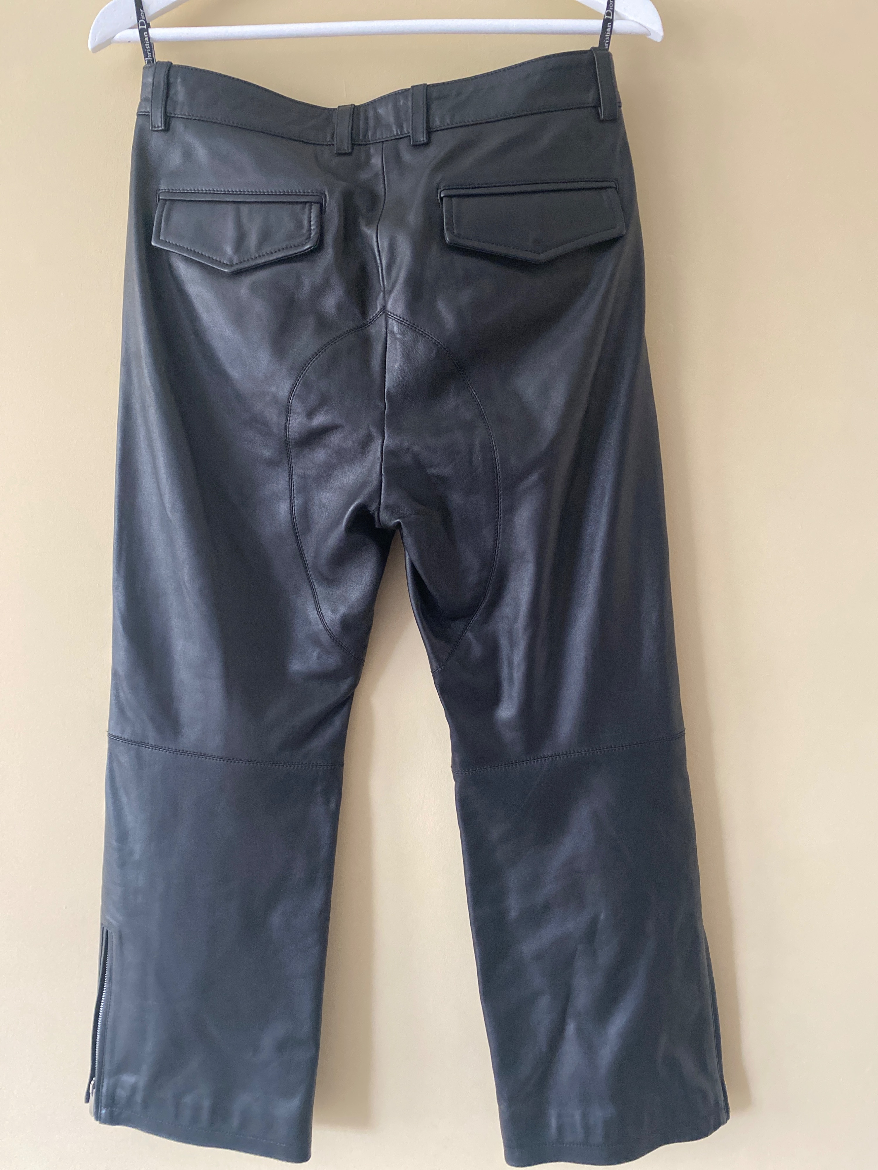 Preowned Dior Black Leather Straight Leg Biker Trousers Size S