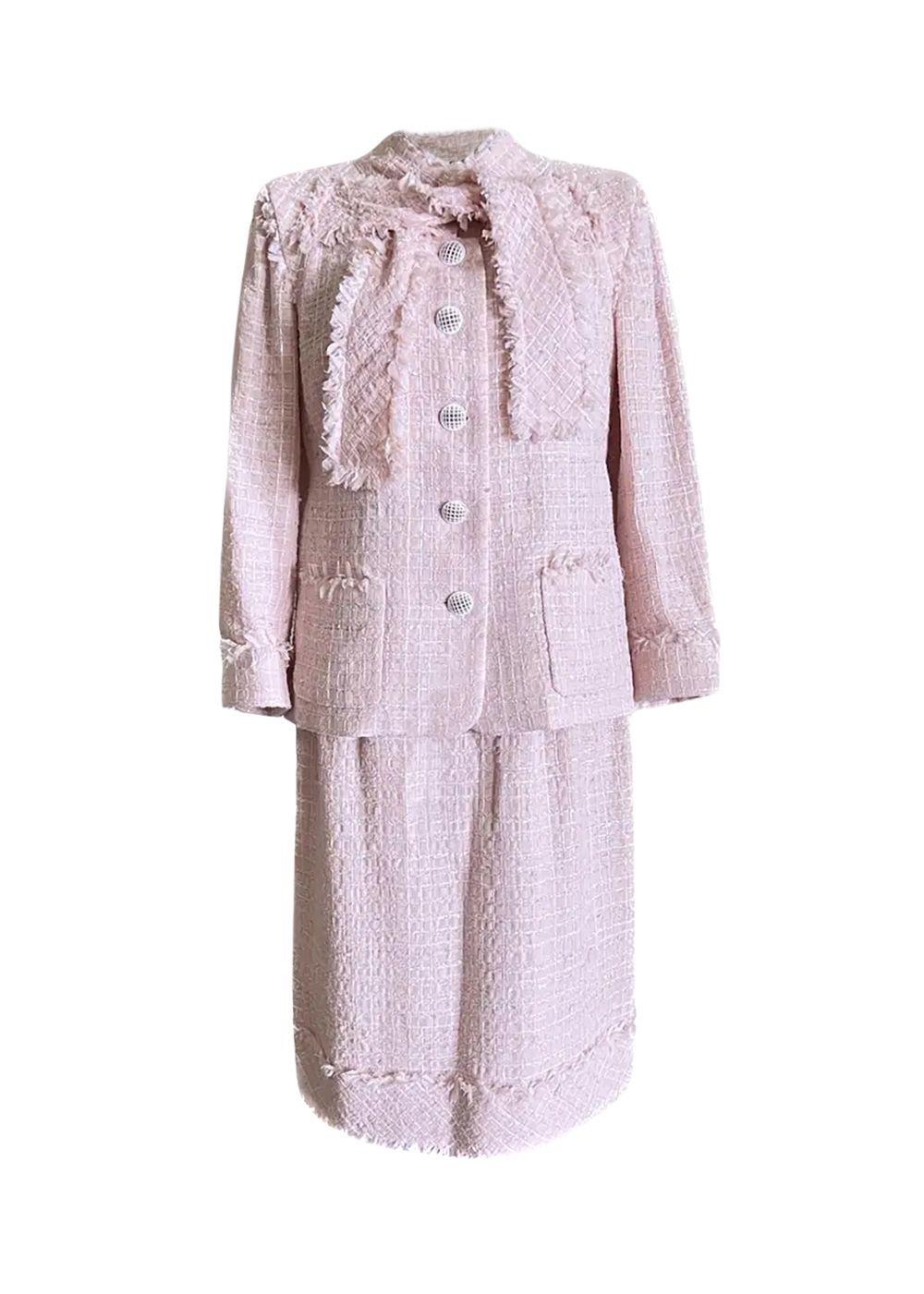 Chanel Pink Ribbon Tweed Jacket and Skirt Suit Size M